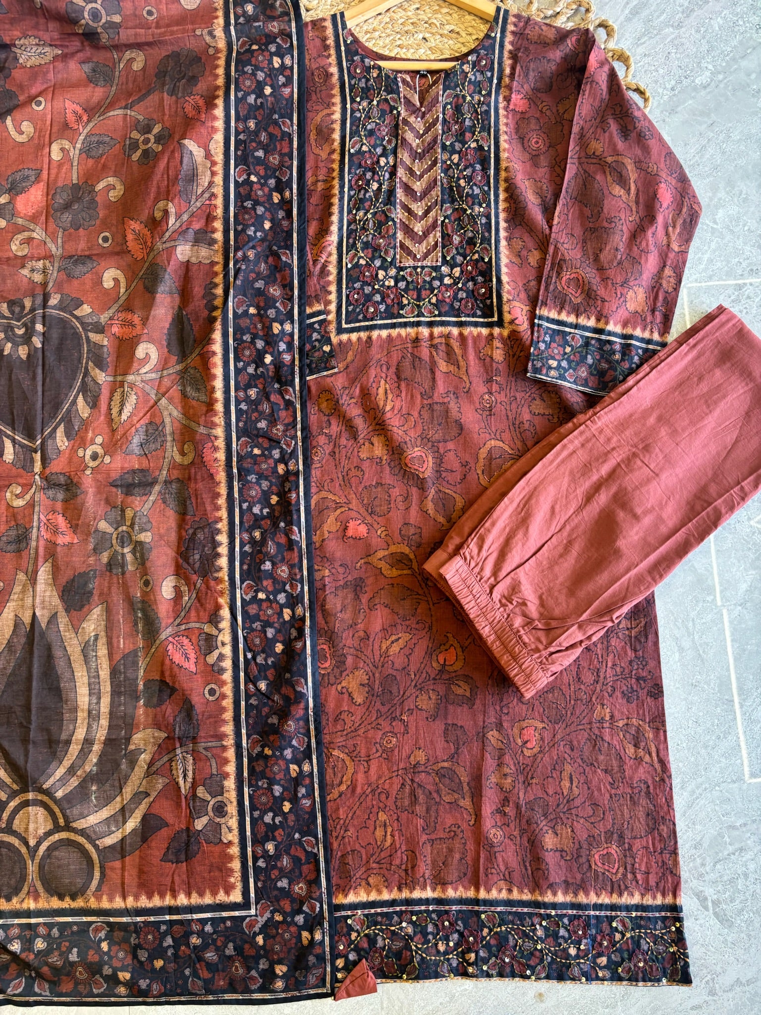 A1585 - Pure Cotton Kalamkari Kurti  with Pants & Dupatta