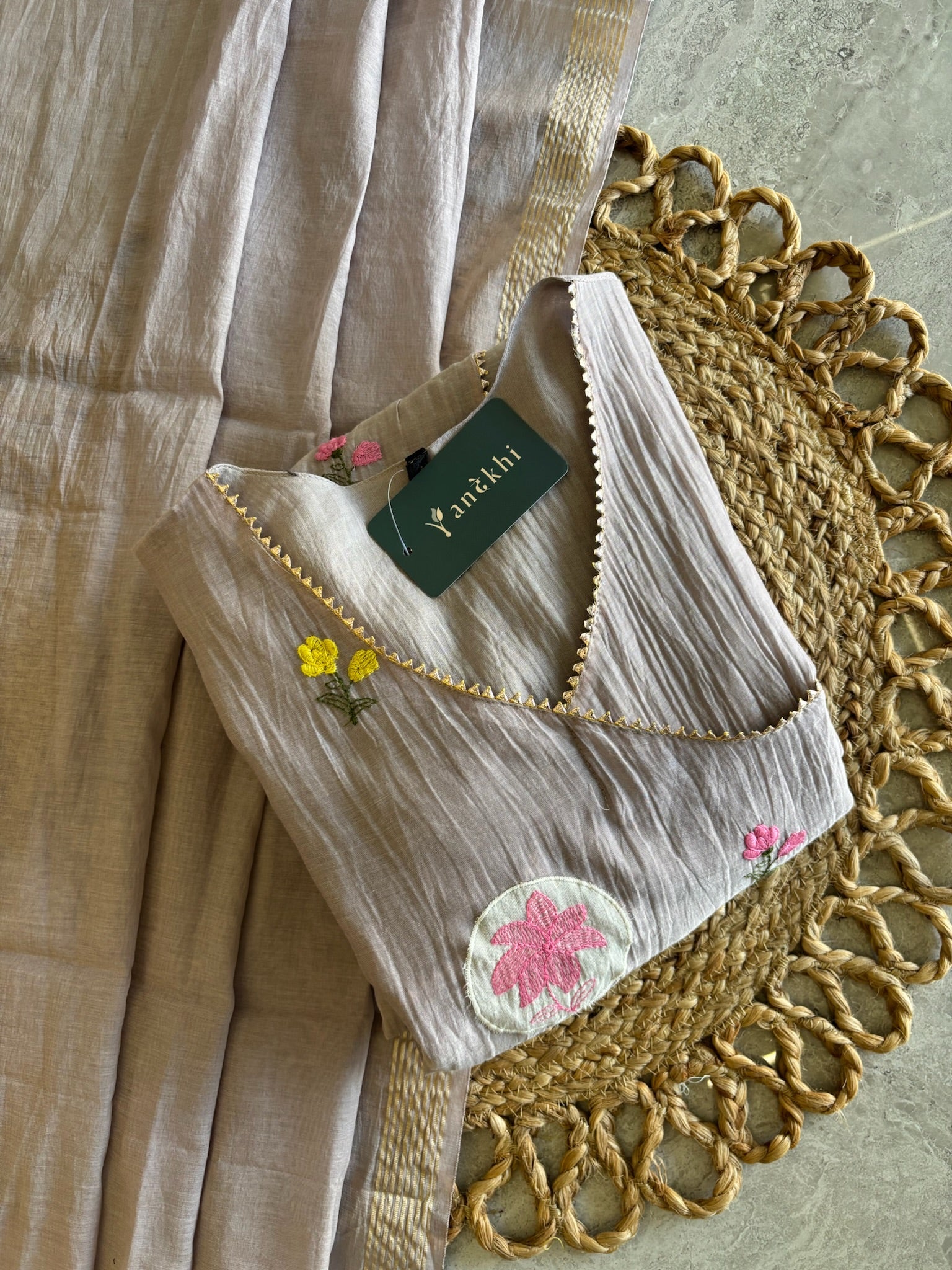 A3964 - Mul Chanderi Angrakha Suit set with delicate Embroidery, Paired with Pants and Dupatta.