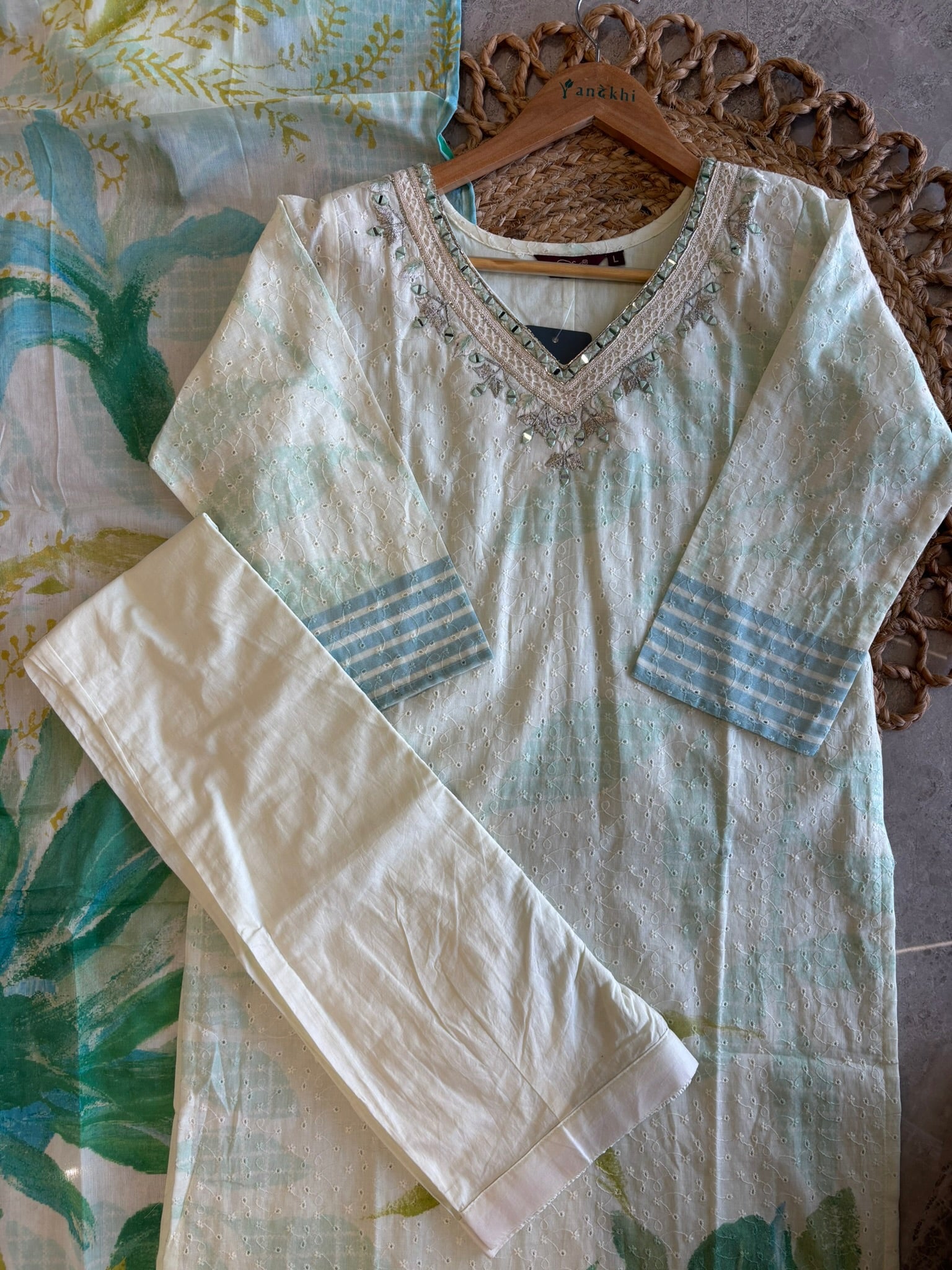 A2715 - Aqua Blossom Embroidered Cotton Kurti, Pants & Mul Dupatta.