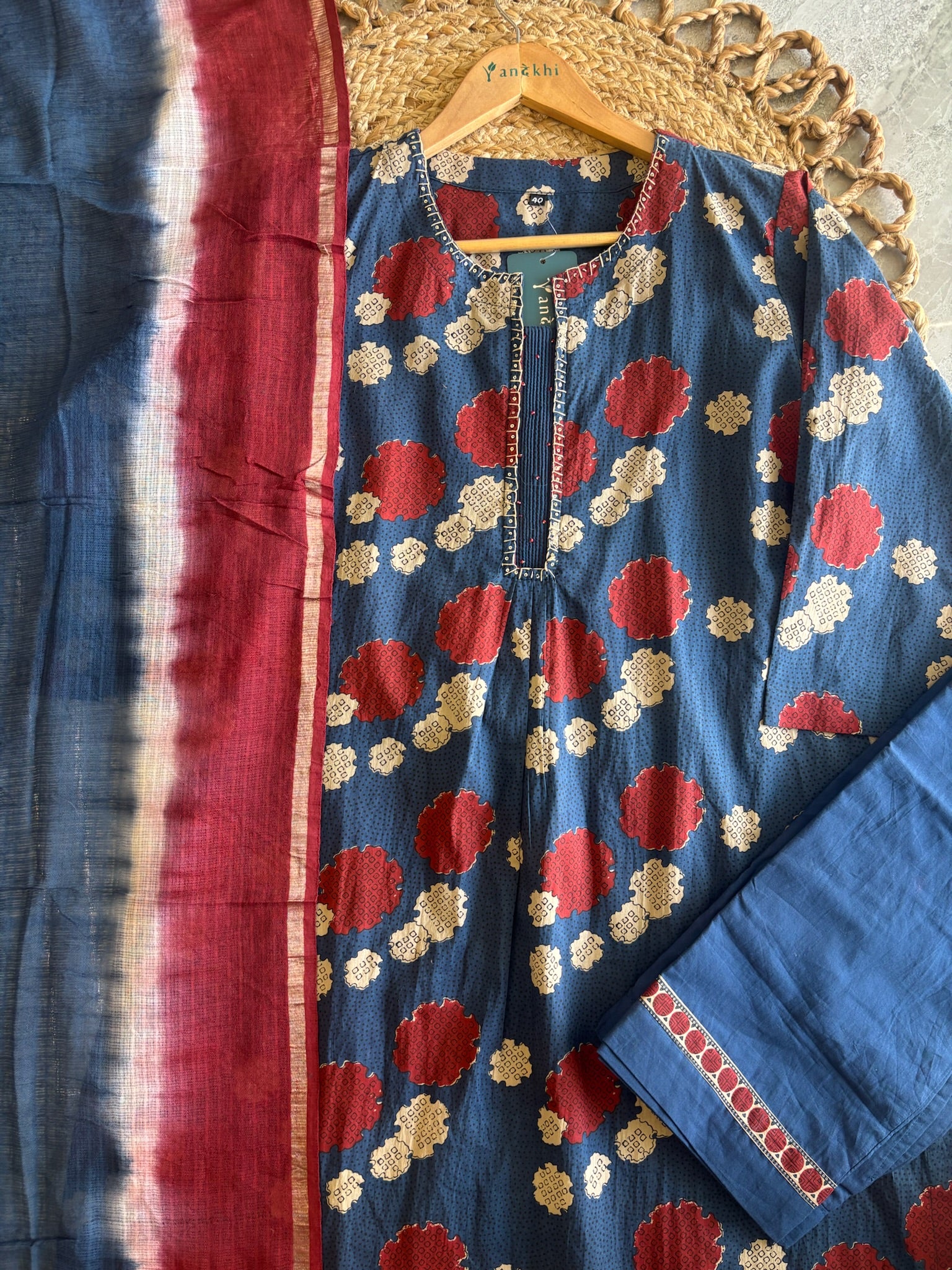 A3904 - Indigo Cotton Kurti with Bold Prints, Shaded Dupatta & Pants.