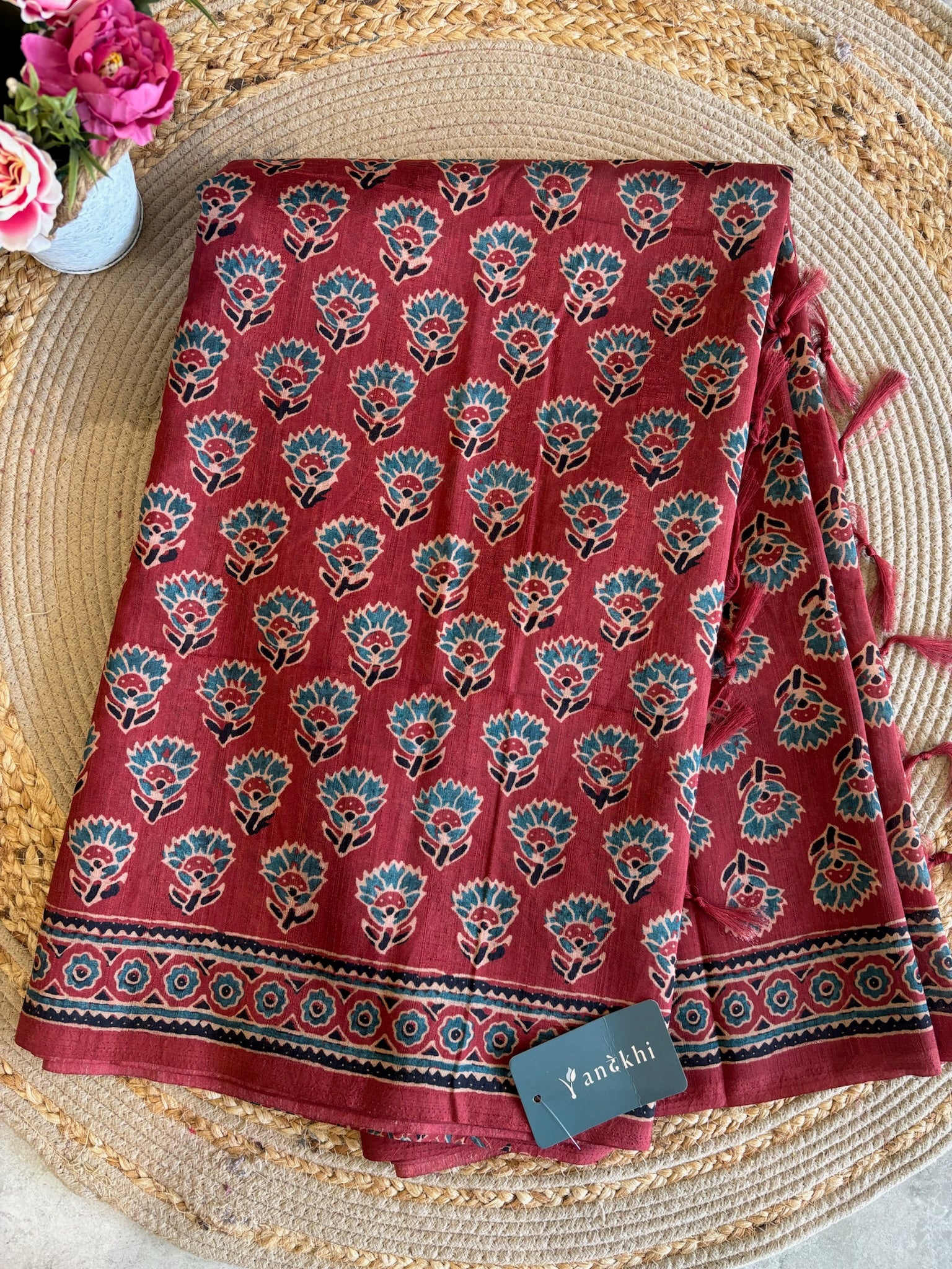 A1663 - Crimson Red Art Silk Saree with Traditional Ajrakh Print