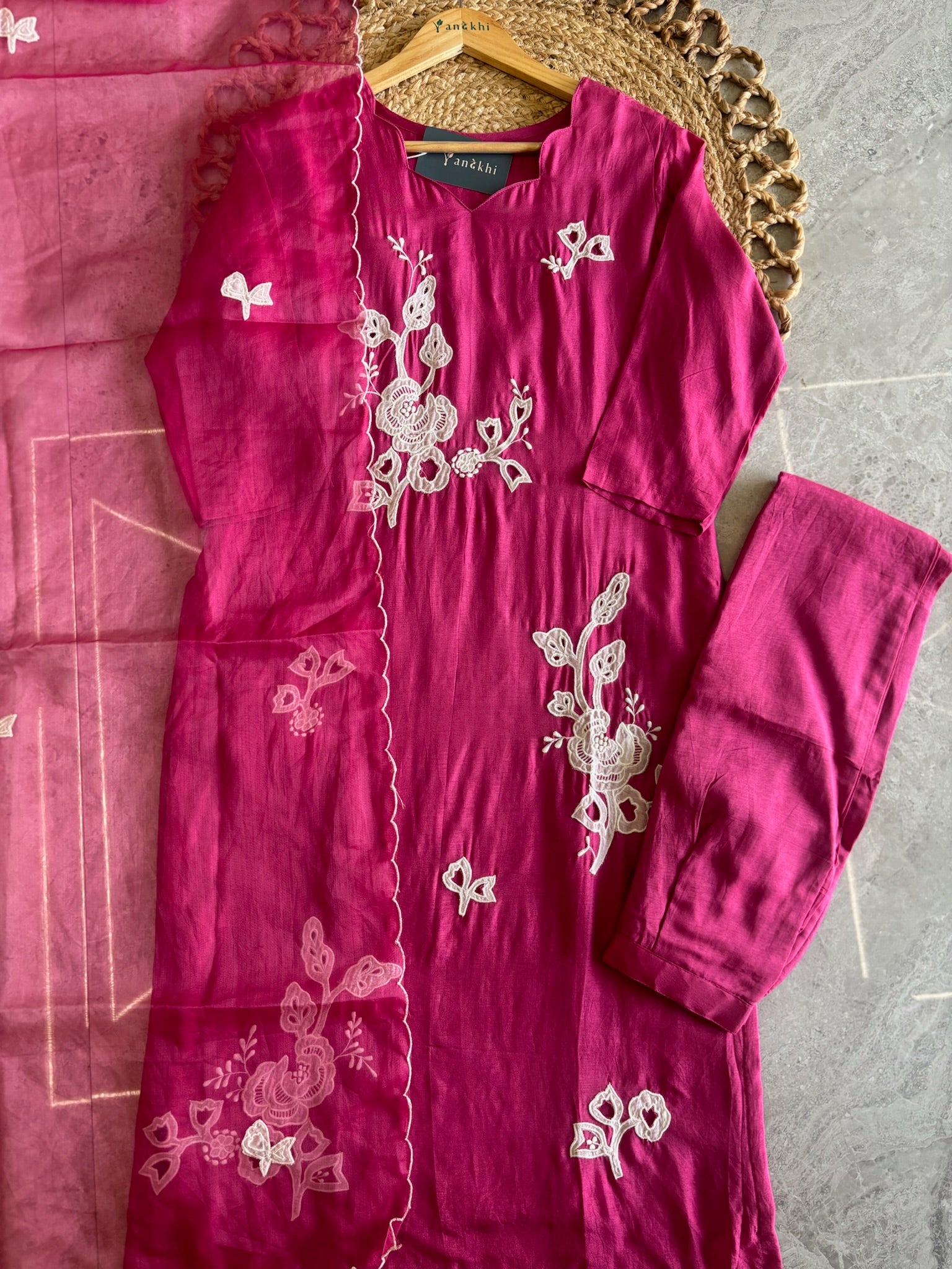 A1581- Dola Silk Kurti with Appliqué work, Pants & Dupatta with Scalloped edging.