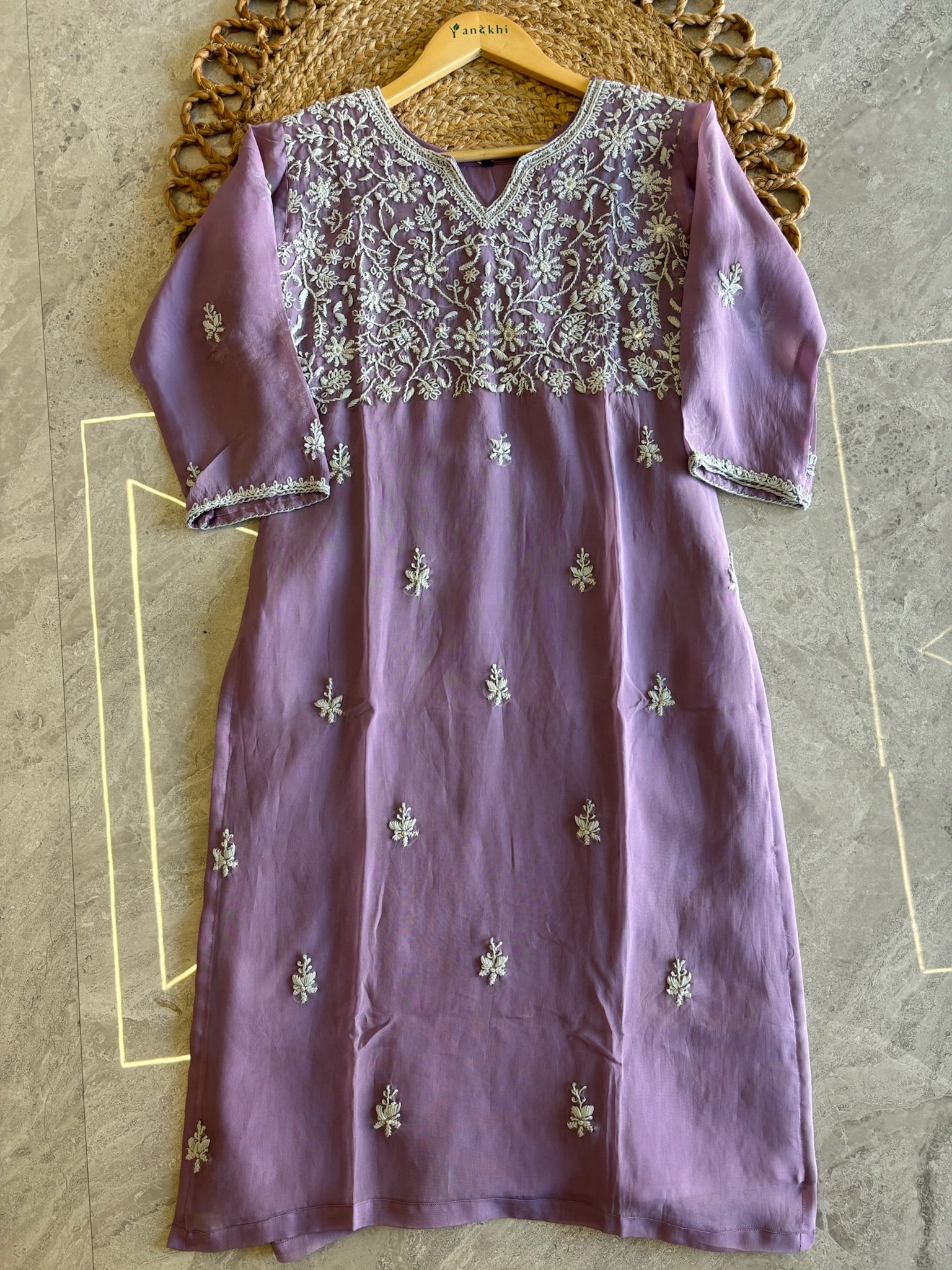 A1582 - Organza Kurti featuring Intricate Chikankari work, paired with Pants and Dupatta.