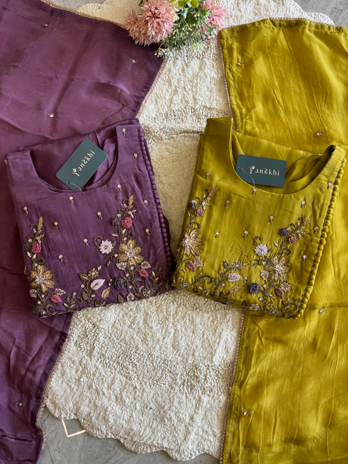 A2642- HO Silk A-Line Suit featuring an Overlap Jacket-Style Hand Embroidered Heavy, Paired with Pants & a Dupatta.