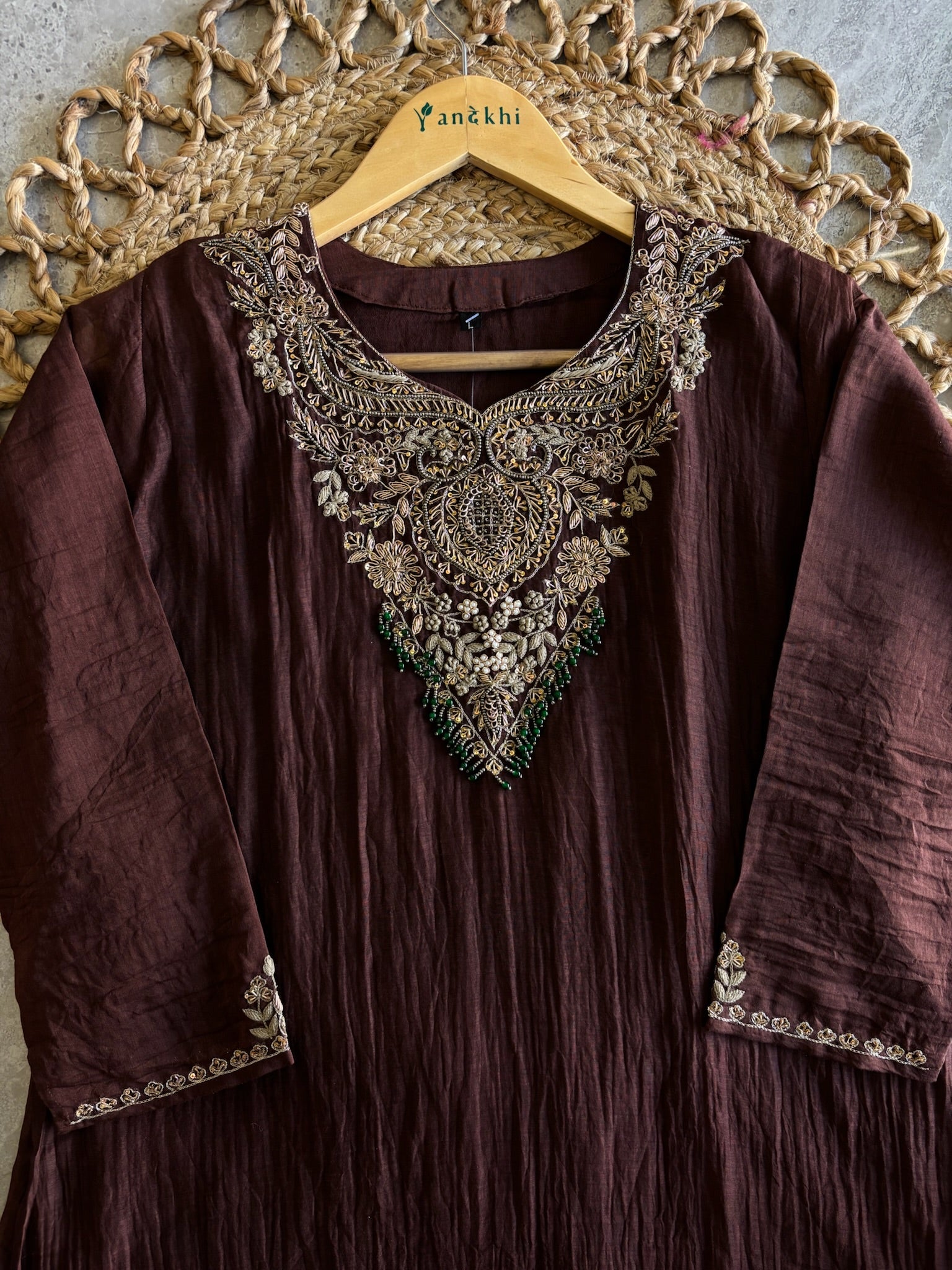 A4151 - Mul Chanderi Handwork A-lign Kurti with Pants & Dupatta.