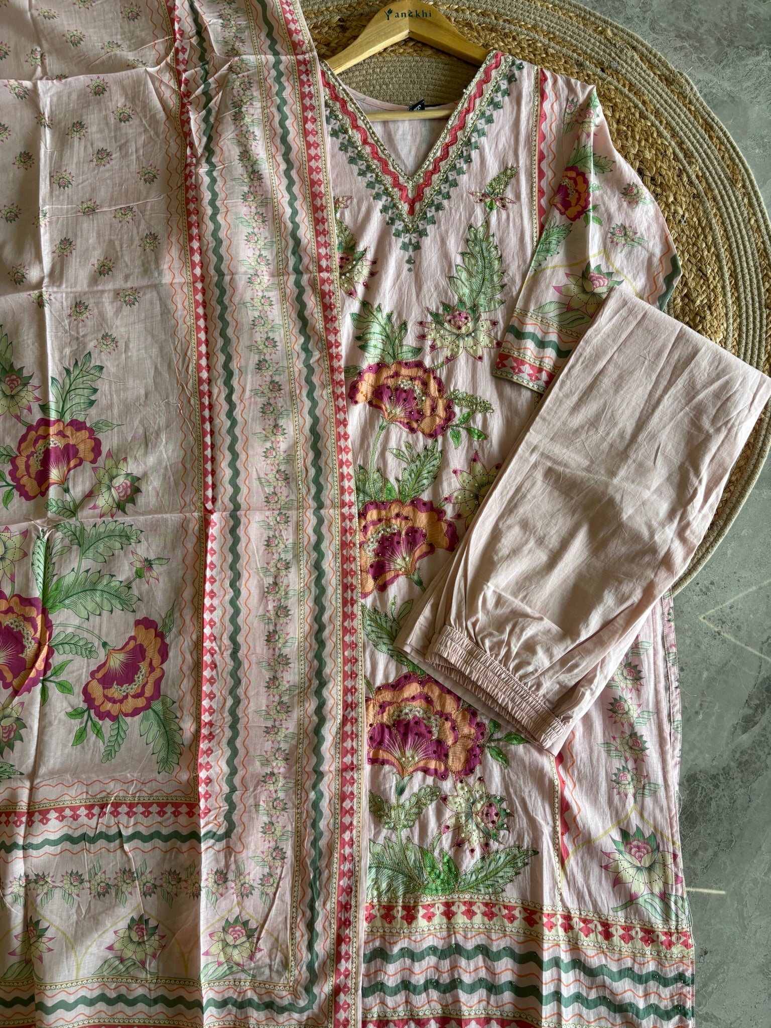 A3933 - Blush Pink Floral Cotton Silk Suit set.