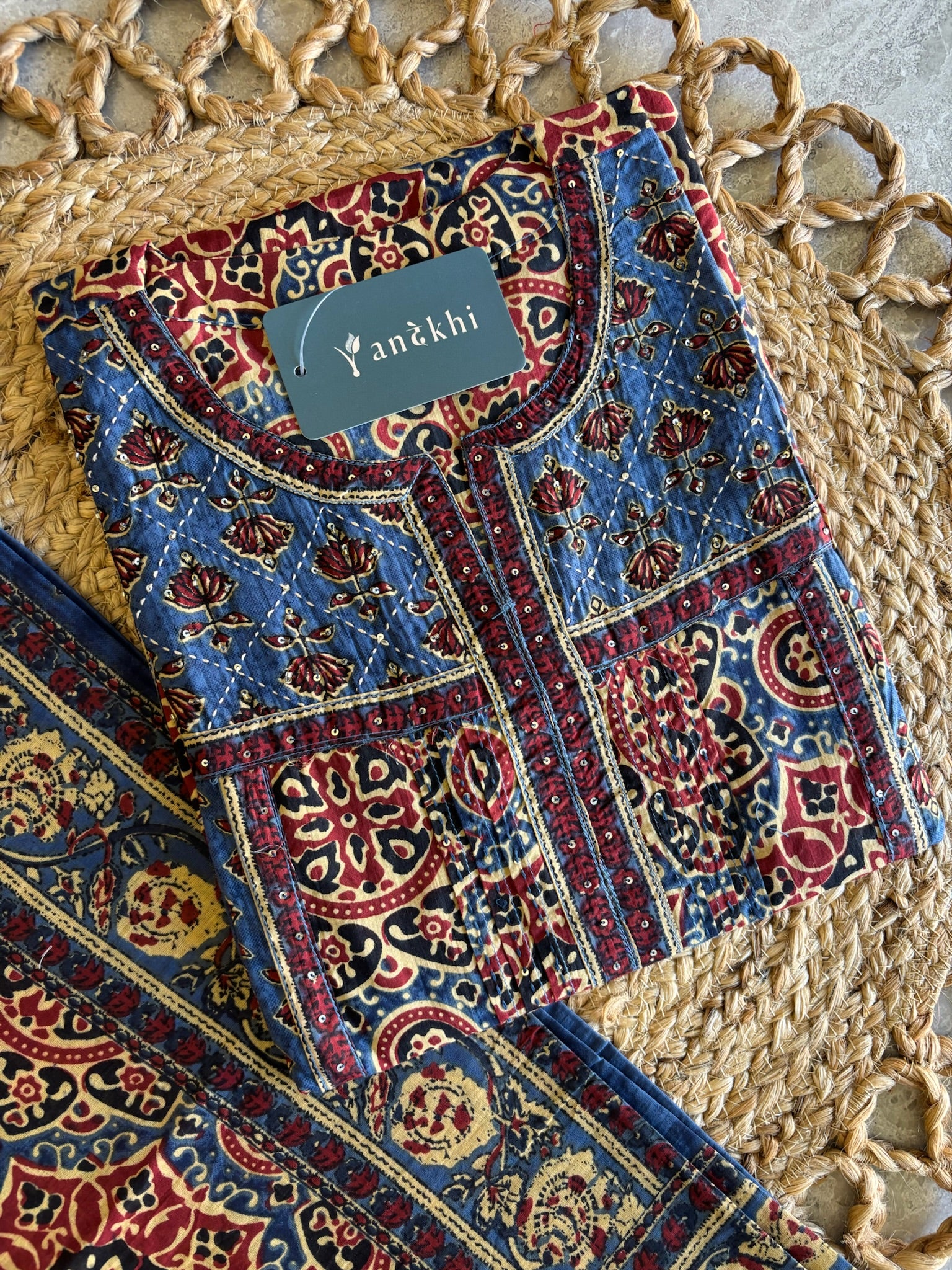 A3902 - Pure Cotton Ajrakh Print Suit with Contrast Bottoms and a Coordinated Dupatta.