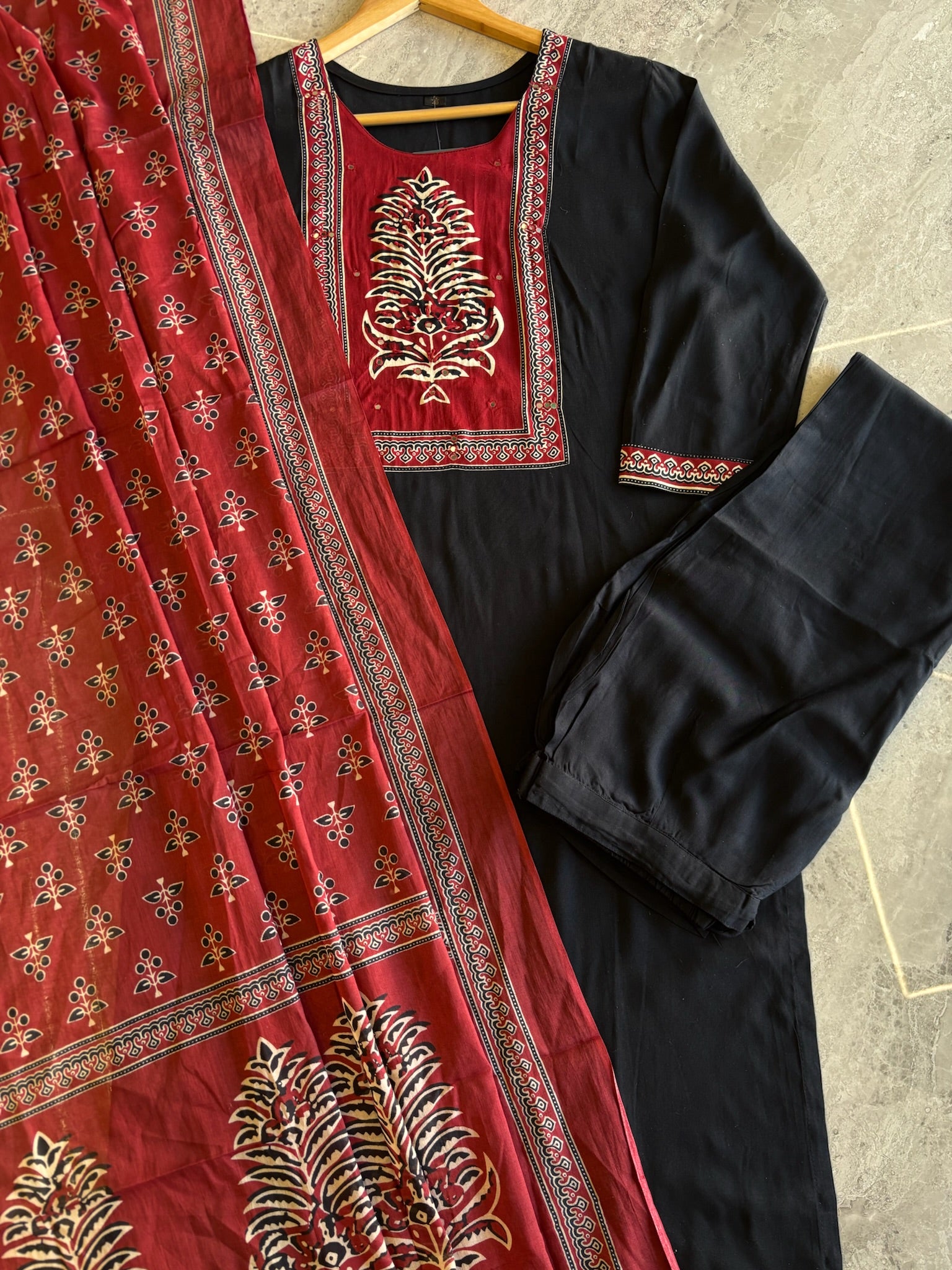 A4011 - Rayon Suit with Contrast Patch Yoke and Printed Dupatta.