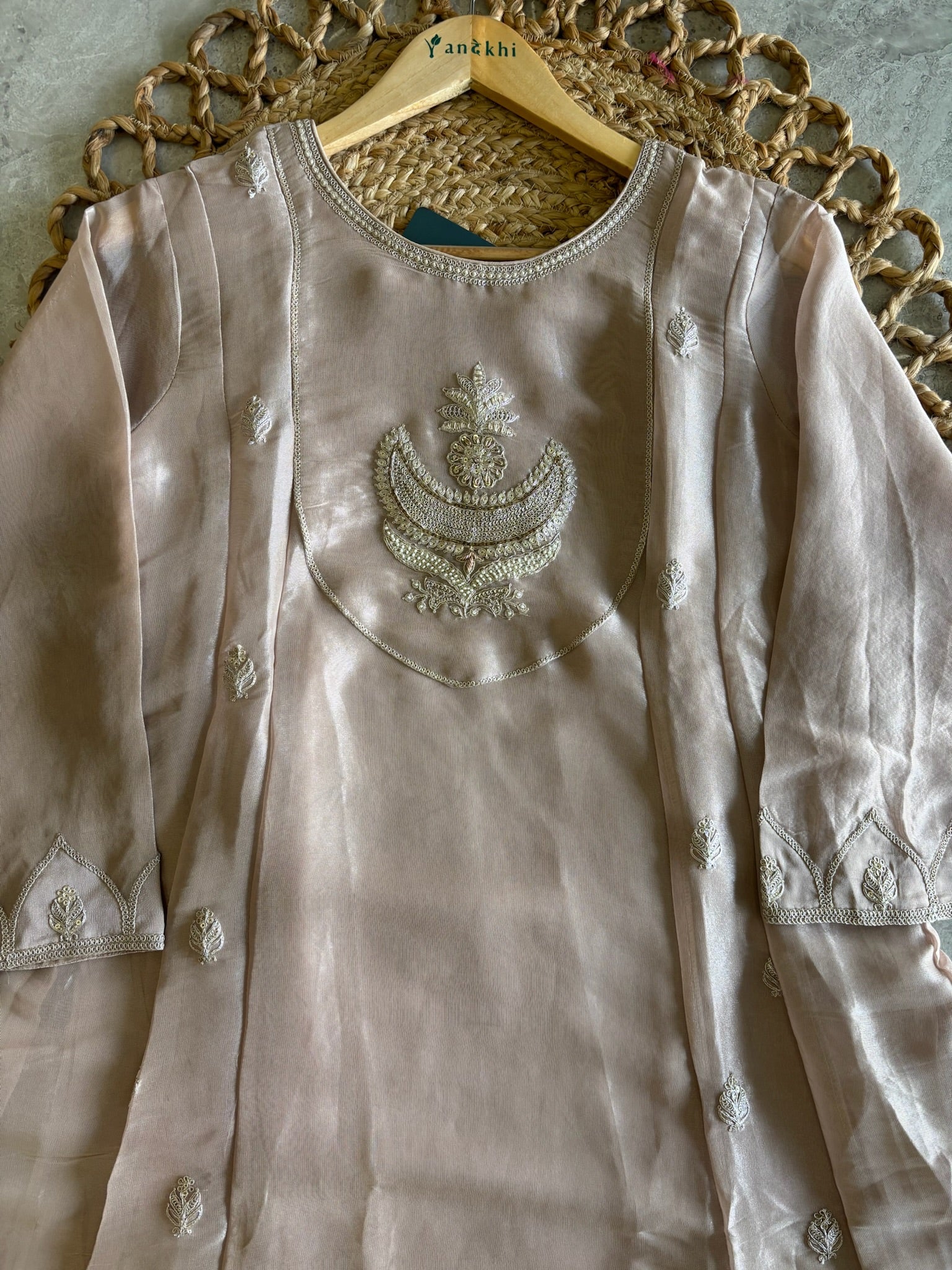 A4152- Tissue Silk Zari Anarkali Set with Zari Embroidery on the yoke & Booti all over, with Pants & Dupatta