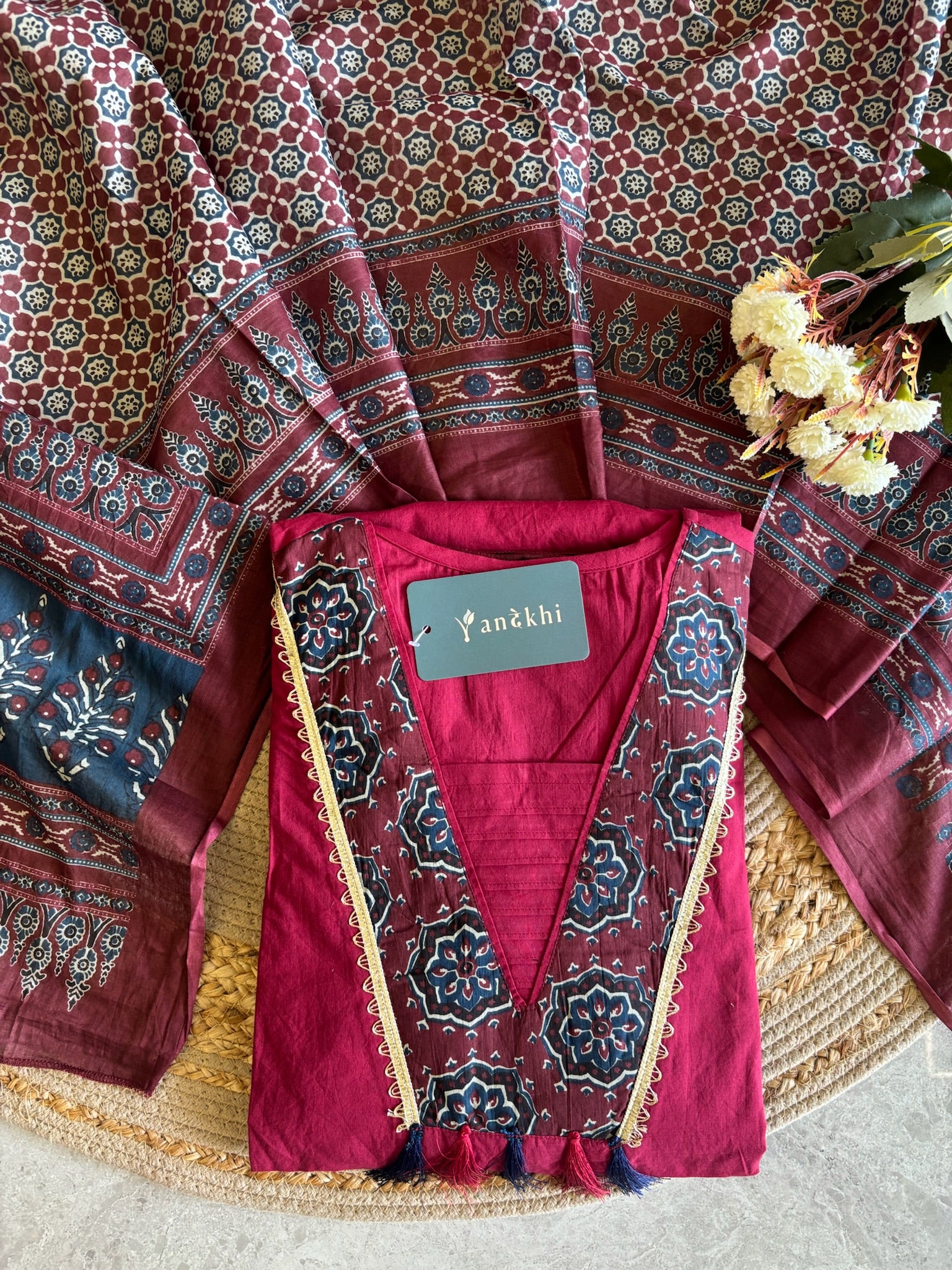 A4024- Pure Cotton Kurti with Statement Yoke Design and Tassels, Printed Pants & Dupatta.
