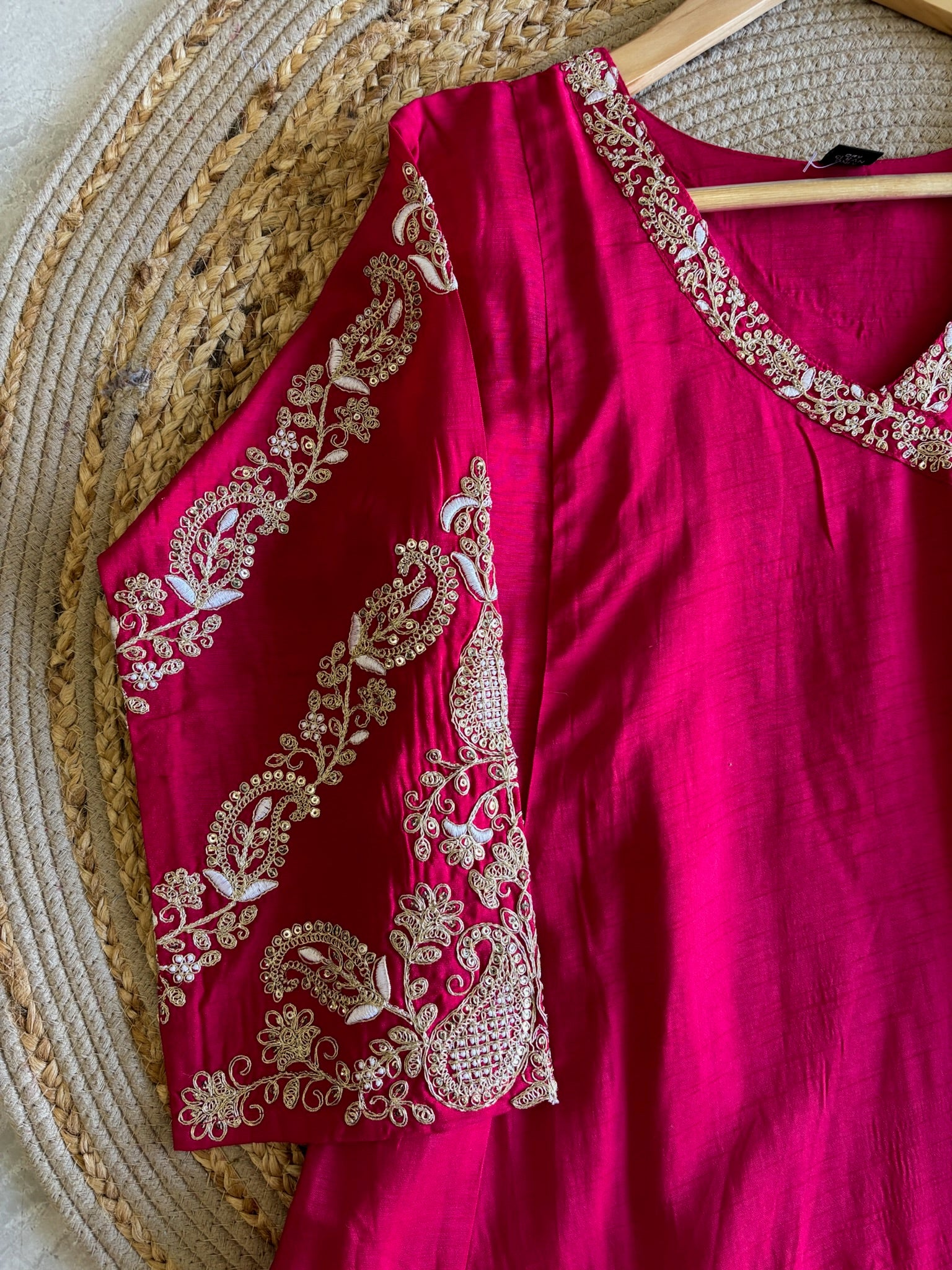 A4150- Dola Silk Angrakha Suit featuring all-over Embroidery, heavily embellished Sleeves, Matching Pants, & Embroidered Heavy Dupatta.