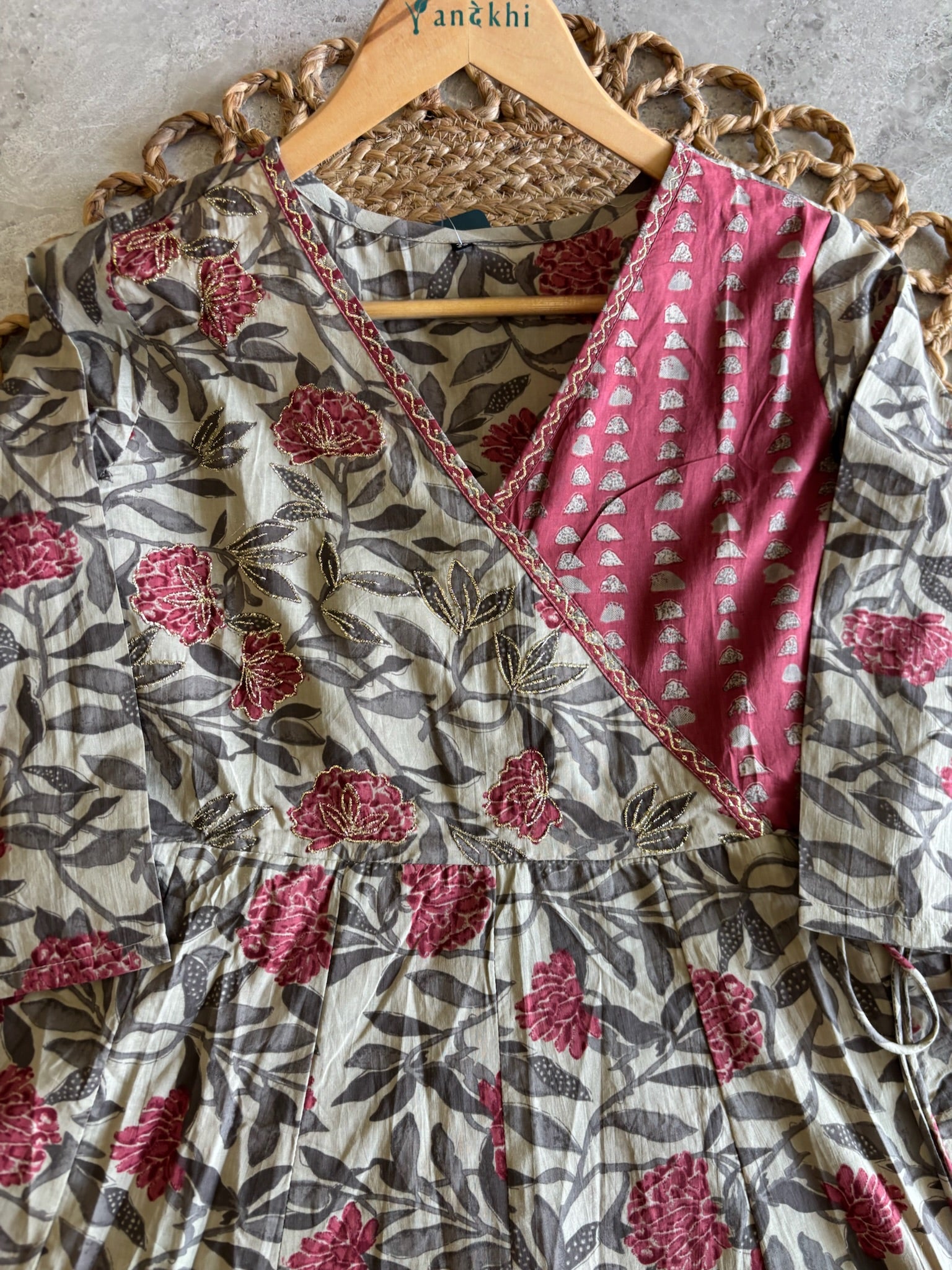 A3978- Pure Cotton Angarkha-style Anarkali Suit featuring Floral & Geometric prints, with Pants & Dupatta.