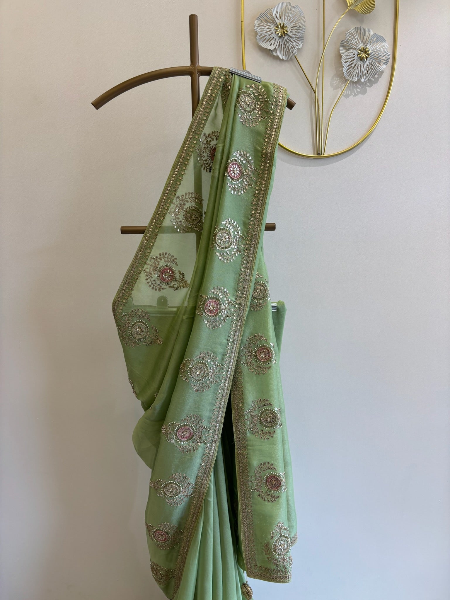 A1079 - A Pista-Green Saree with Gota, Zari, and Resham Work.