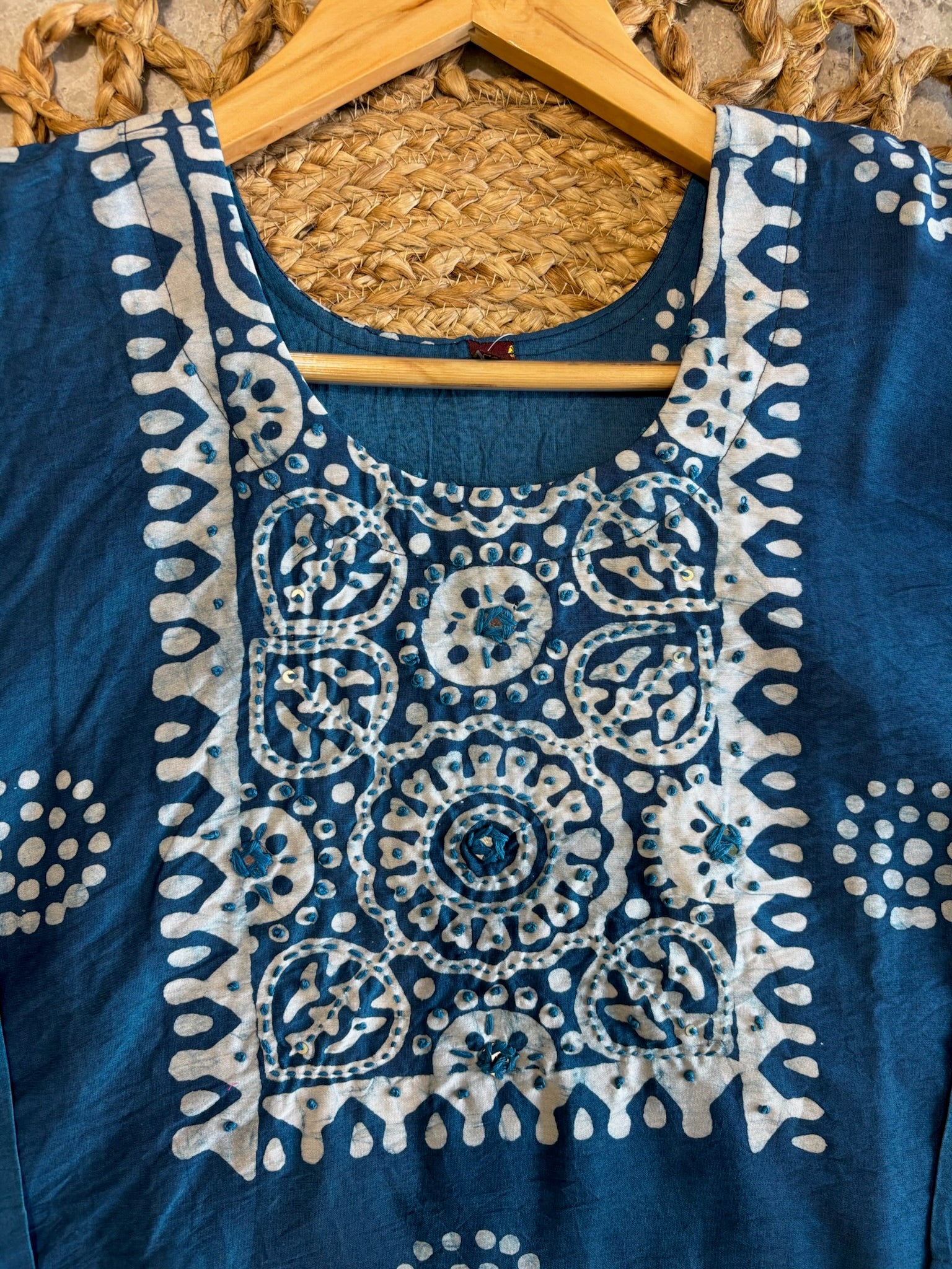 A3903- Hand Block Batik Print Silk Kurti with Pants & Dupatta.