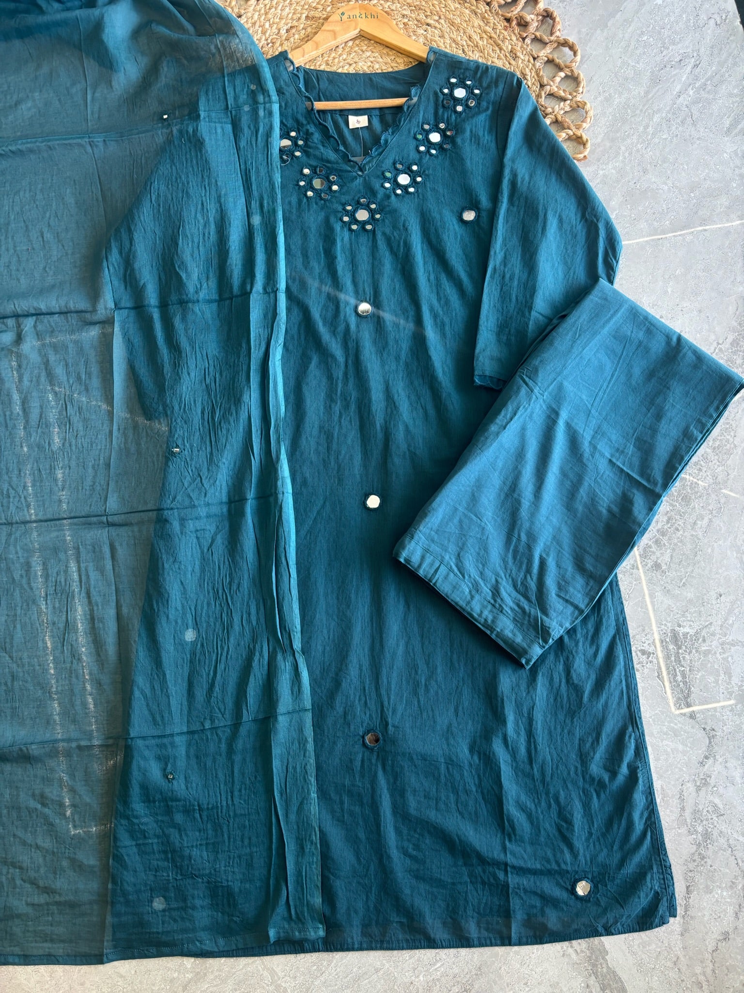 A4056 - Pure Cotton Kurti with Delicate Mirror Work on the Neckline, Mul Mul Dupatta & Pants.