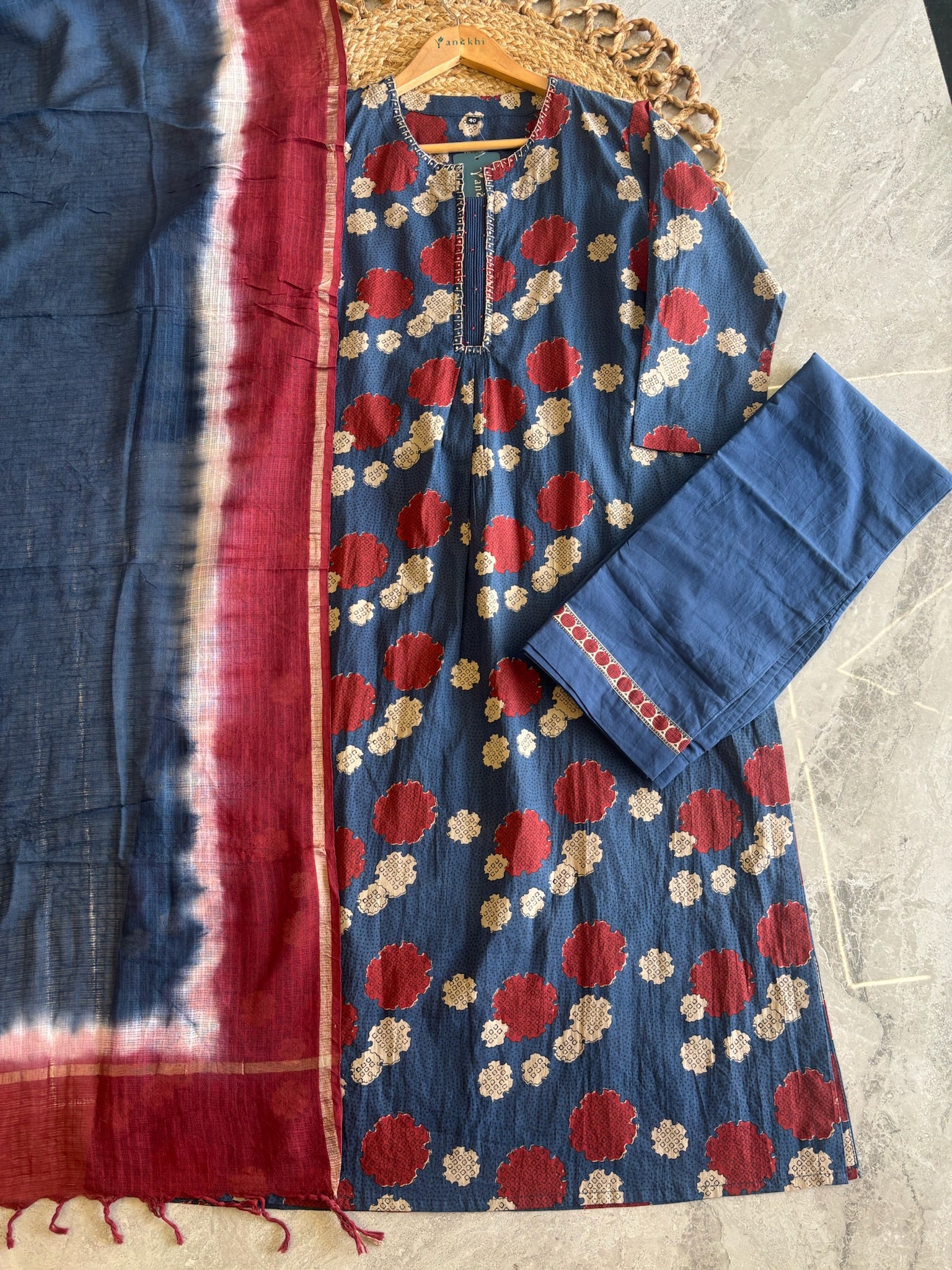 A3904 - Indigo Cotton Kurti with Bold Prints, Shaded Dupatta & Pants.