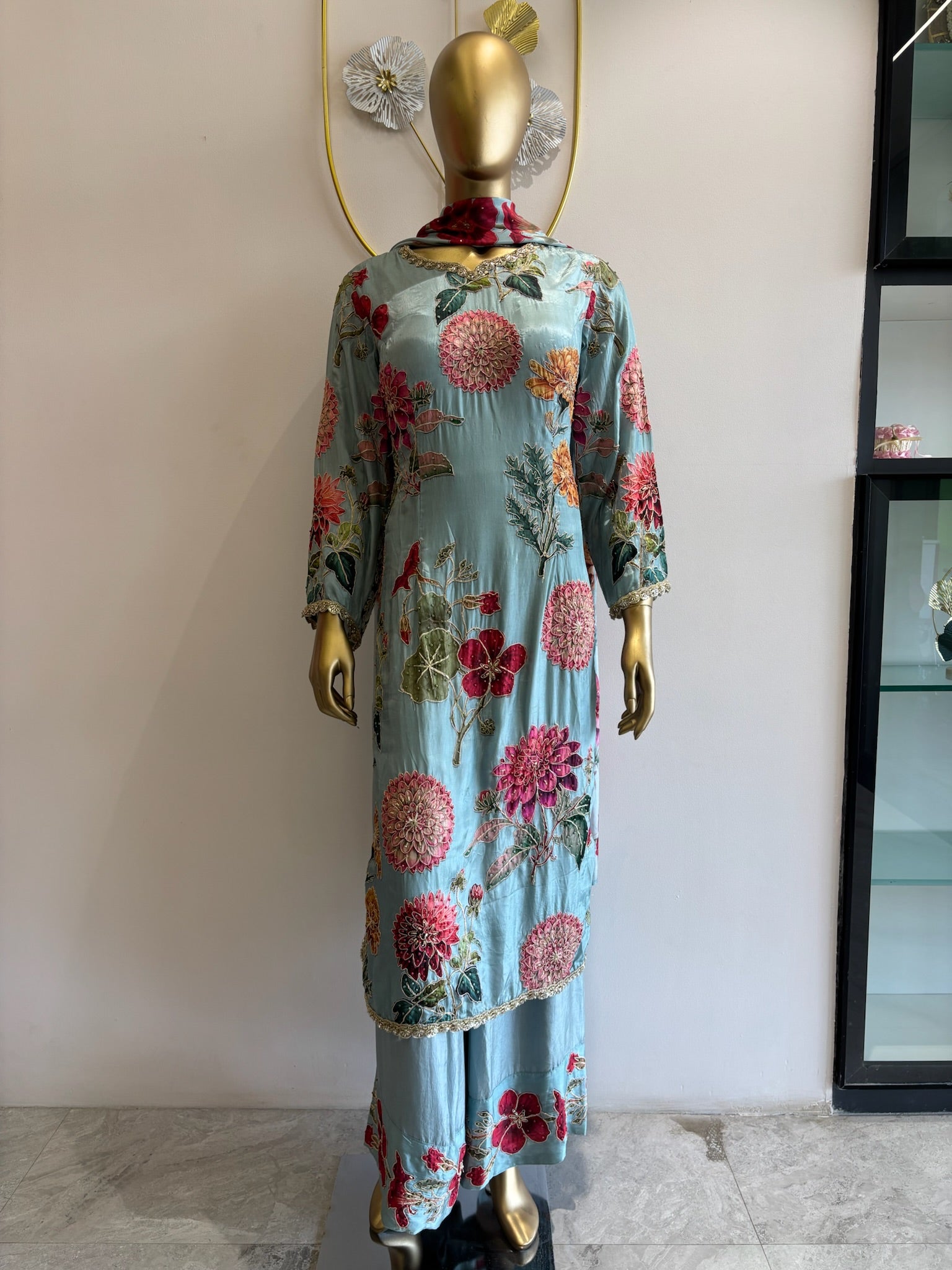 A1541- Pure Crepe Heavily Embellished Suit with Intricate Handwork paired with Palazzo Pants & Dupatta.