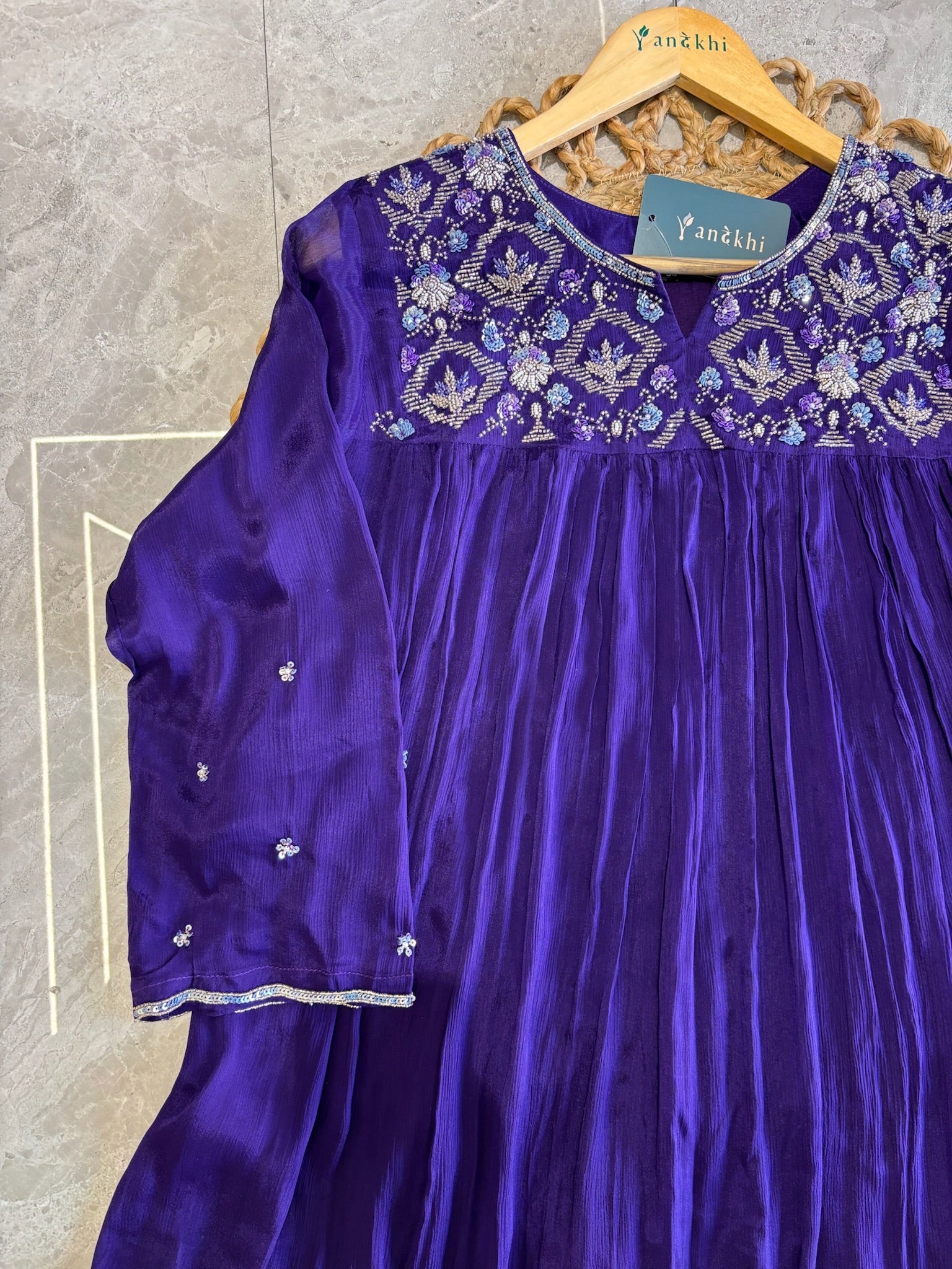A4146- Pure Chinon Flared Dress with Heavy Handwork yoke, with Matching Pants & Dupatta.