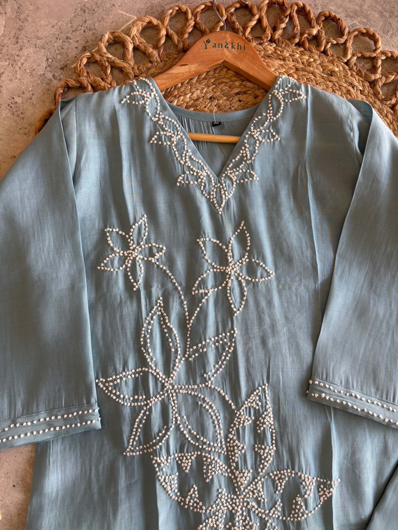 A2849 - Chanderi Silk Kurti with delicate Hand Embroidery, Pants & Dupatta.