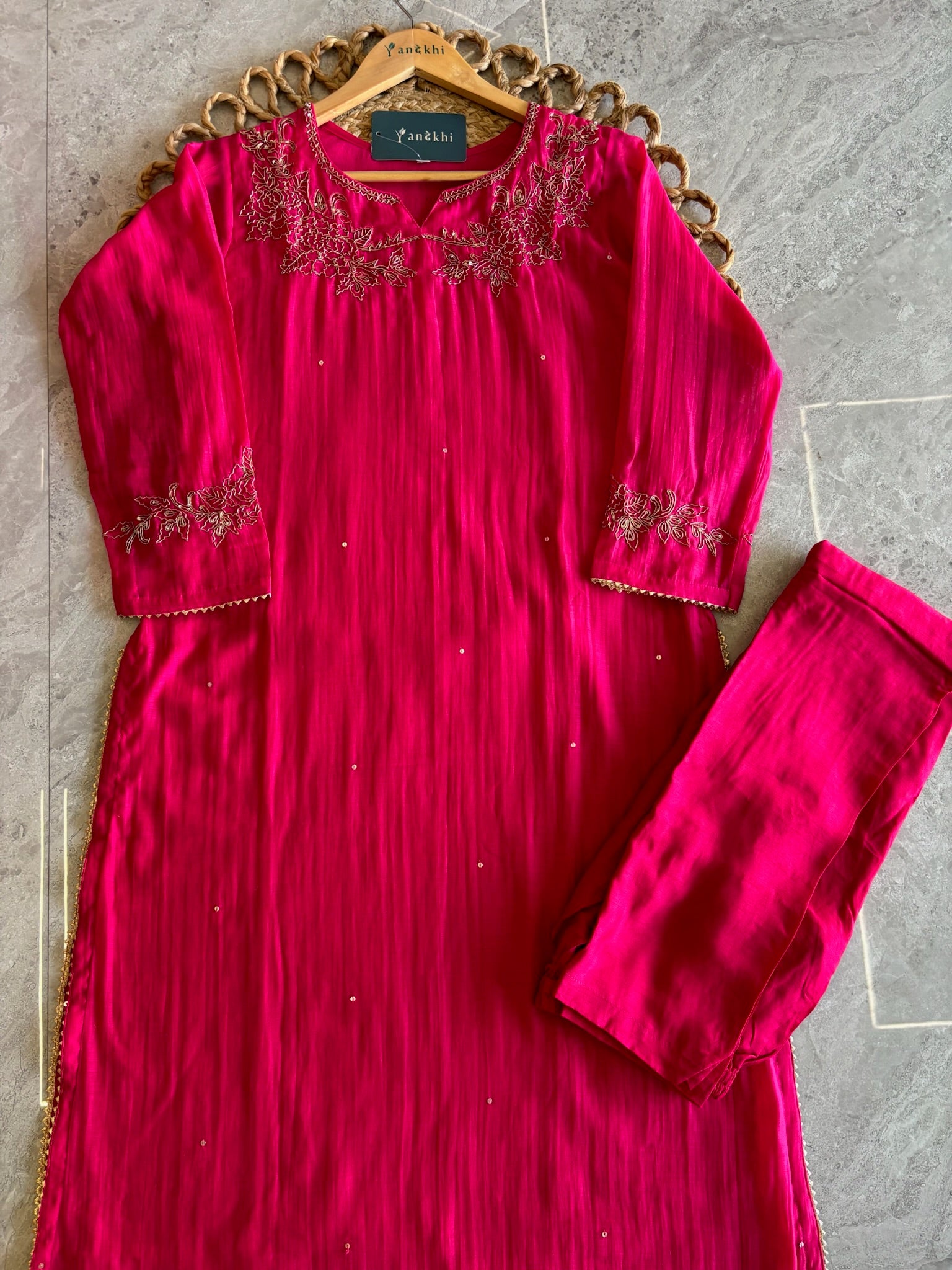 A4147- Mul Chanderi suit with Hand-Embroidered Zardozi detailing, paired with matching Pants & Dupatta.
