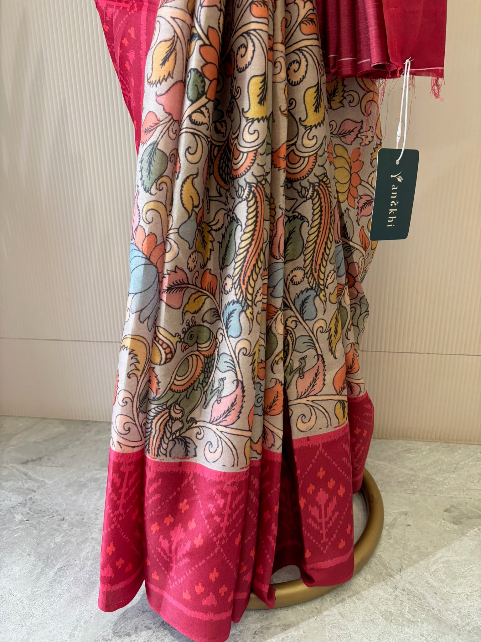 A1397 - Heritage Kalamkari Silk Saree with Contrast Ikat-Style Border