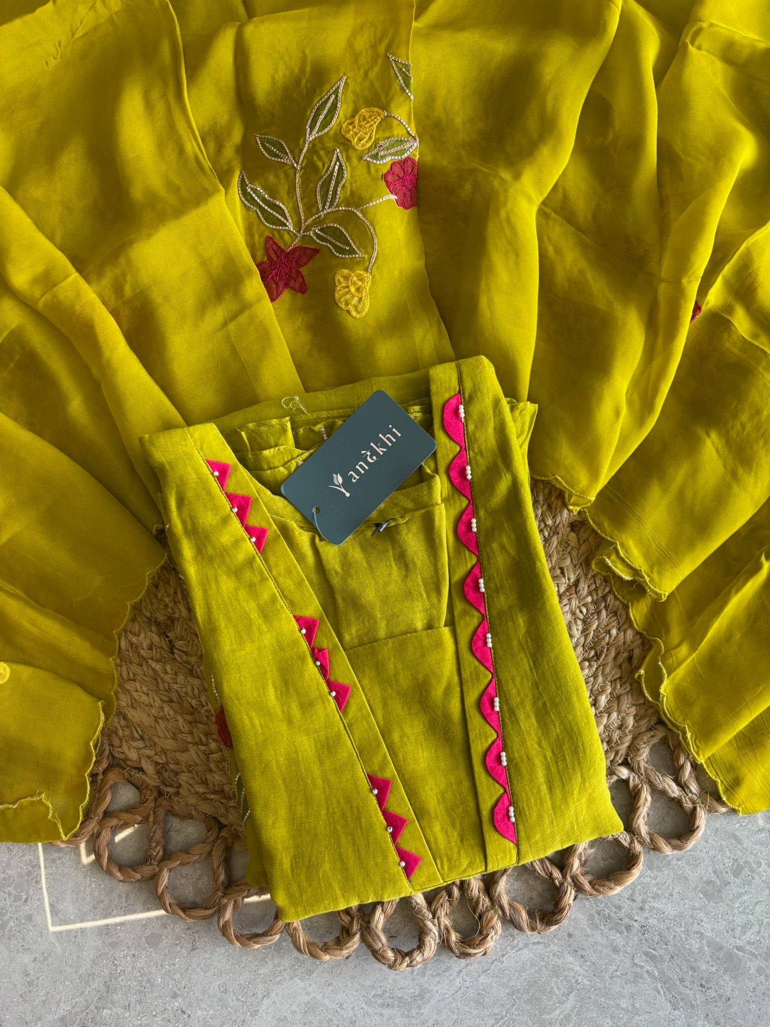 A1629 - Mul Chanderi A-line embroidered Kurti Pants & Dupatta.