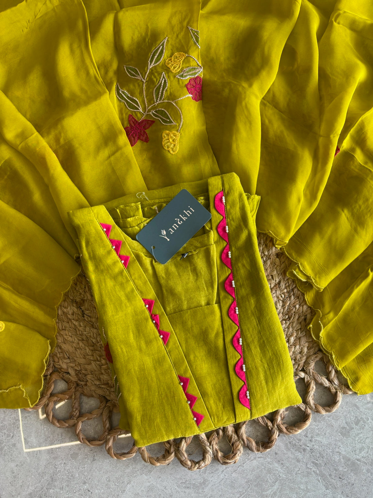 A1629 - Mul Chanderi A-line embroidered Kurti Pants & Dupatta.
