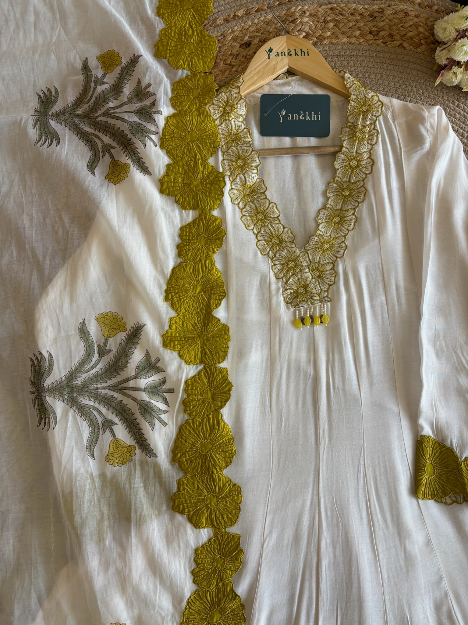 A3968- Pure Mul Cotton Anarkali Set featuring Handworked Floral Neckline, Graceful Flare, matching Pants, & Block-printed Patchwork Dupatta