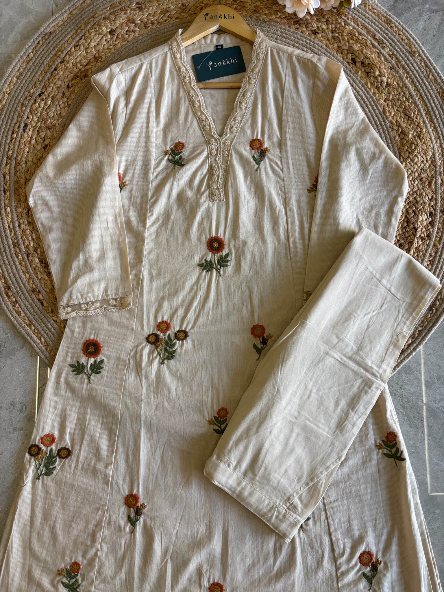 A4052- Pure Cotton Suit Adorned with Delicate Floral Embroidery, paired with Pants & Mul Cotton Dupatta.