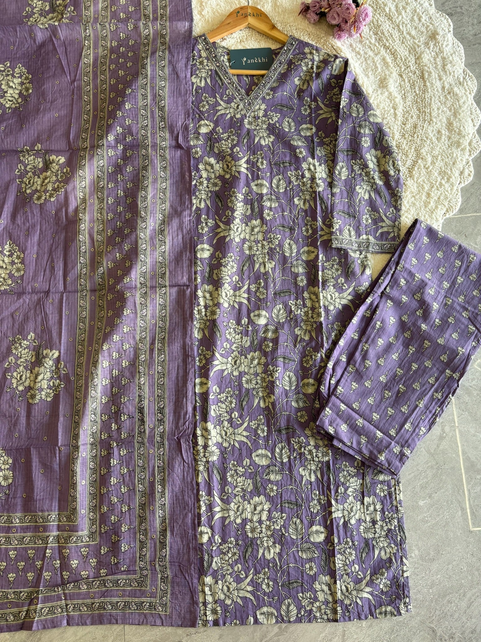 A4022- Pure Cotton Suit with Floral Prints, Paired Pants & Kota Doriya Dupatta.