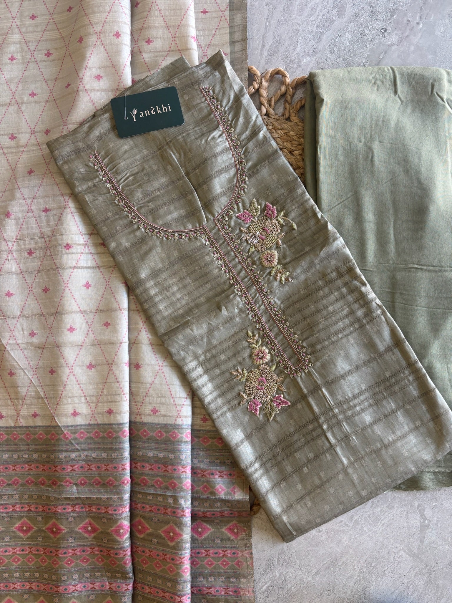 A1180 - Tussar Silk Unstitched Suit with Zardosi Handwork