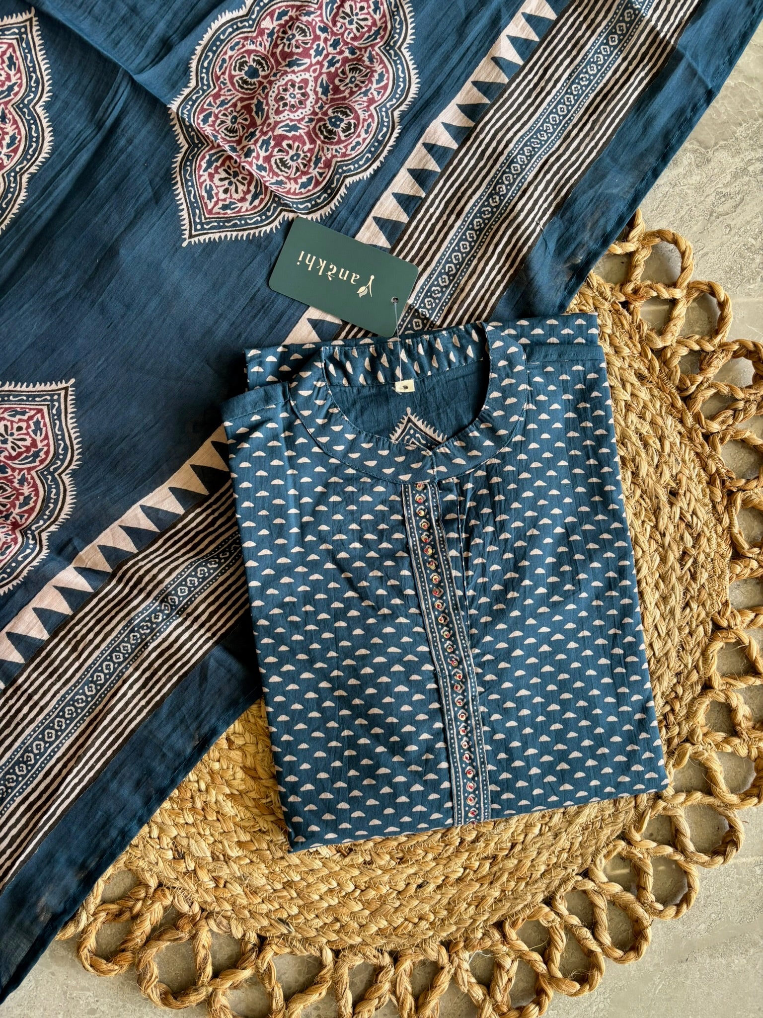 A2852 - Indigo Kurta Pant Set with Hand Block Print & Statement Borders.