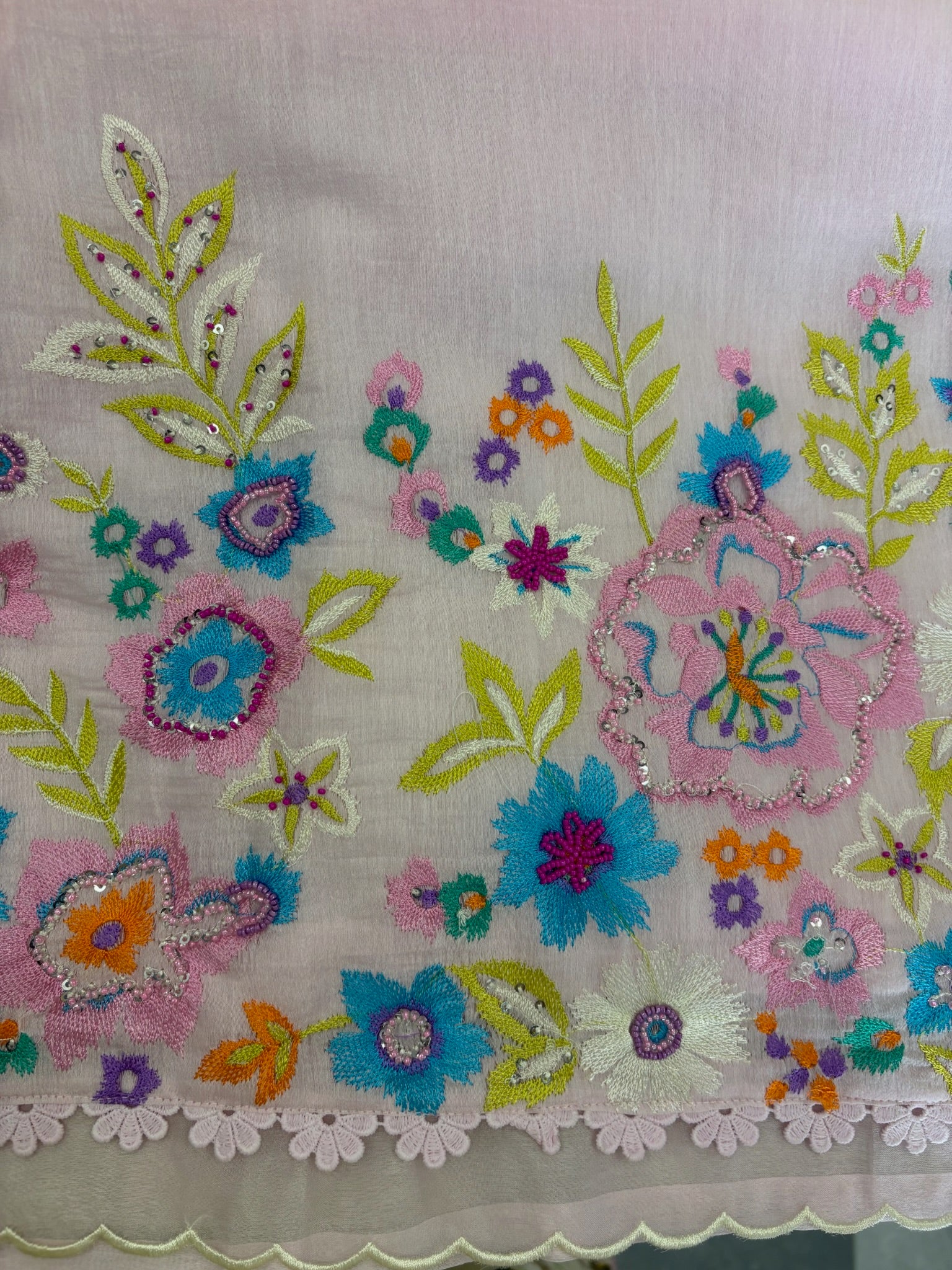A4162- Linen Co-Ord Set with Vibrant Multi Colour Embroidery & delicate Lace Detailing.