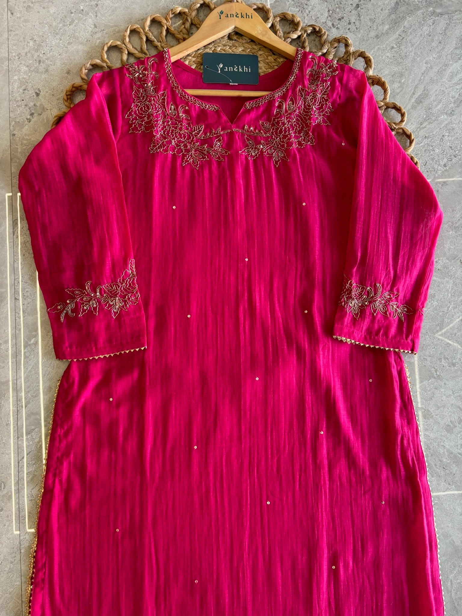 A4147- Mul Chanderi suit with Hand-Embroidered Zardozi detailing, paired with matching Pants & Dupatta.