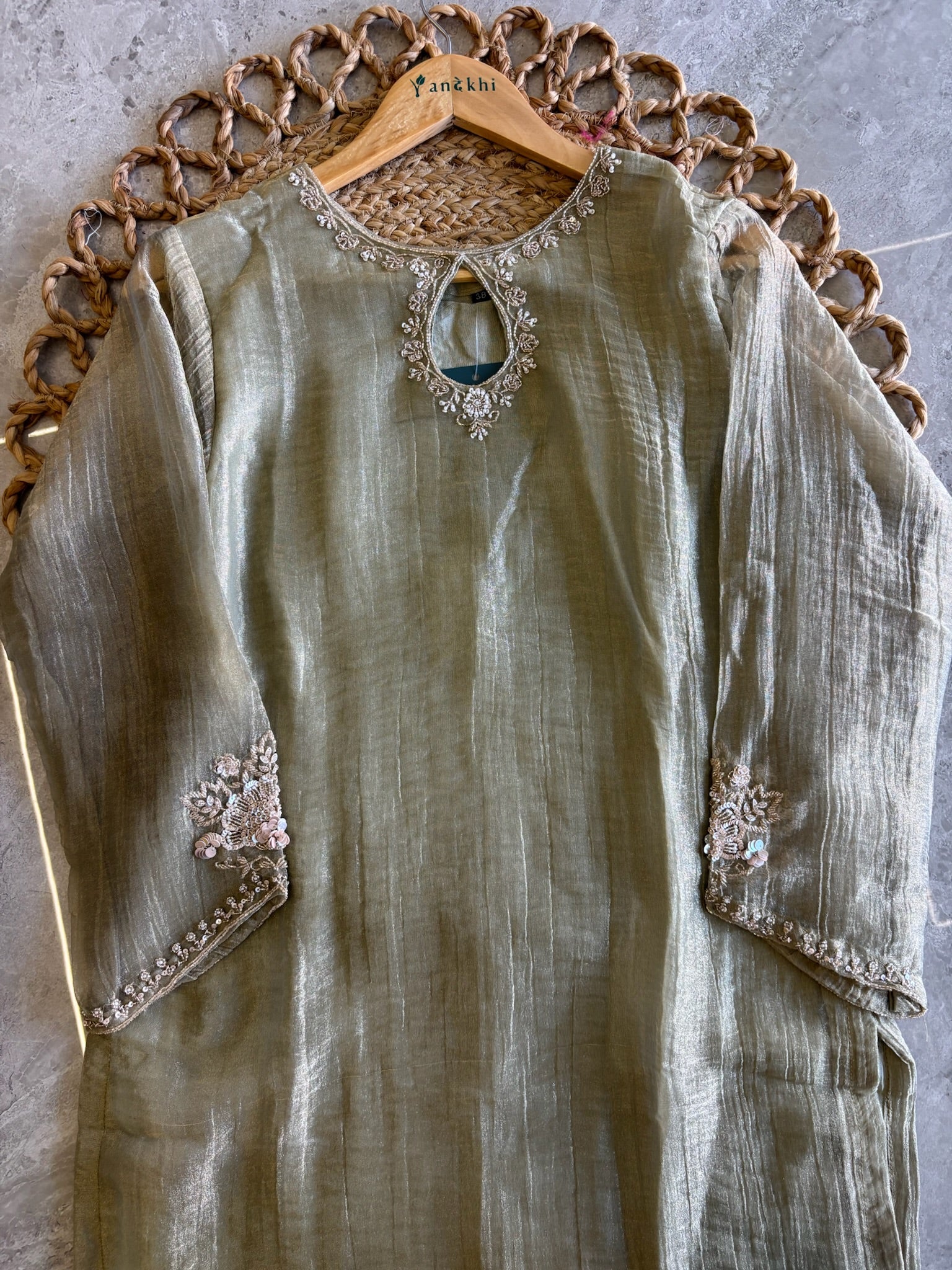 A4140 - Crush Glass Tissue  Handwork Short Kurti with Divider Pants & Dupatta.