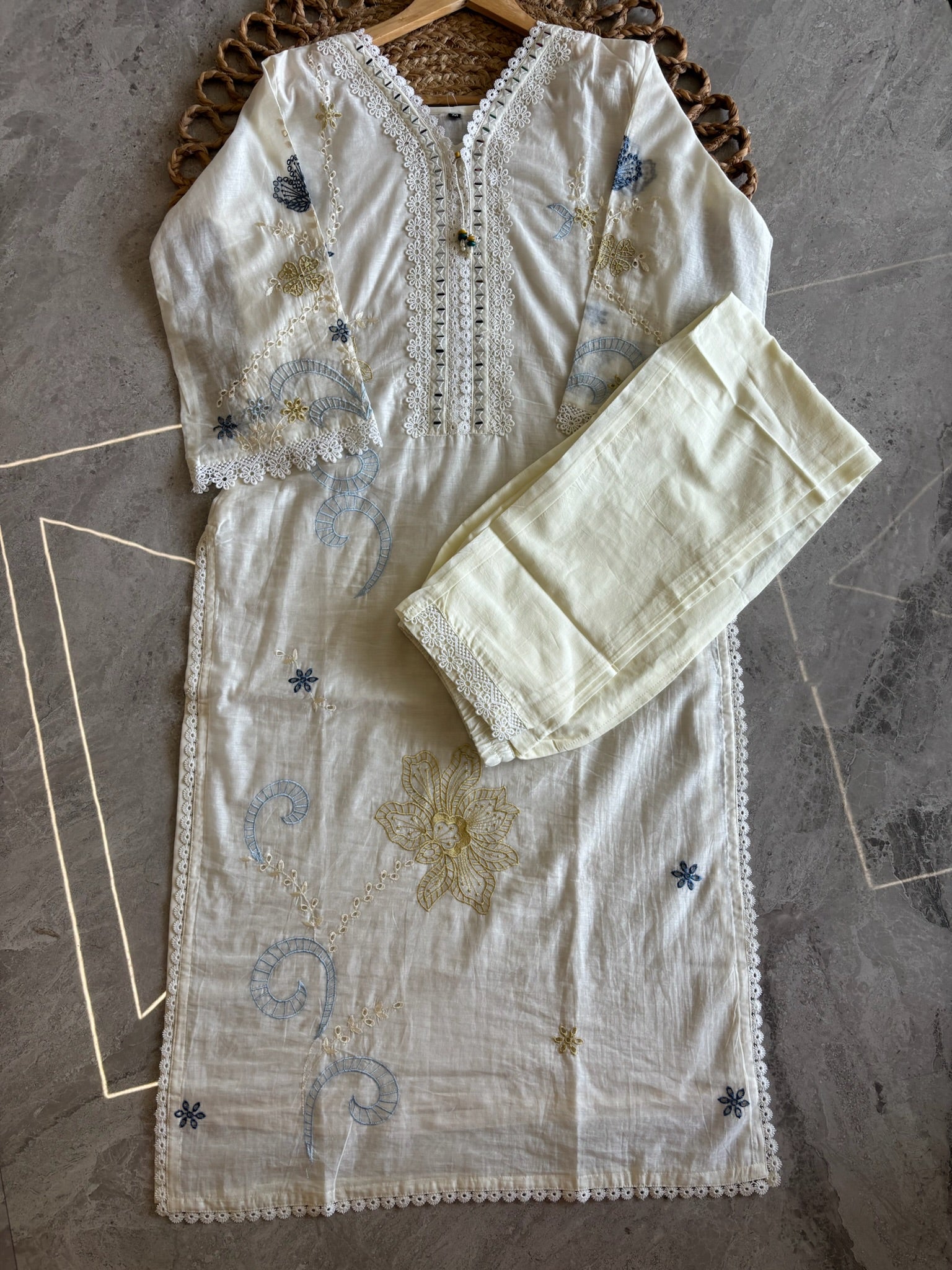 A4043 - Ivory Floral Elegance 3-Piece Embroidered Suit Set