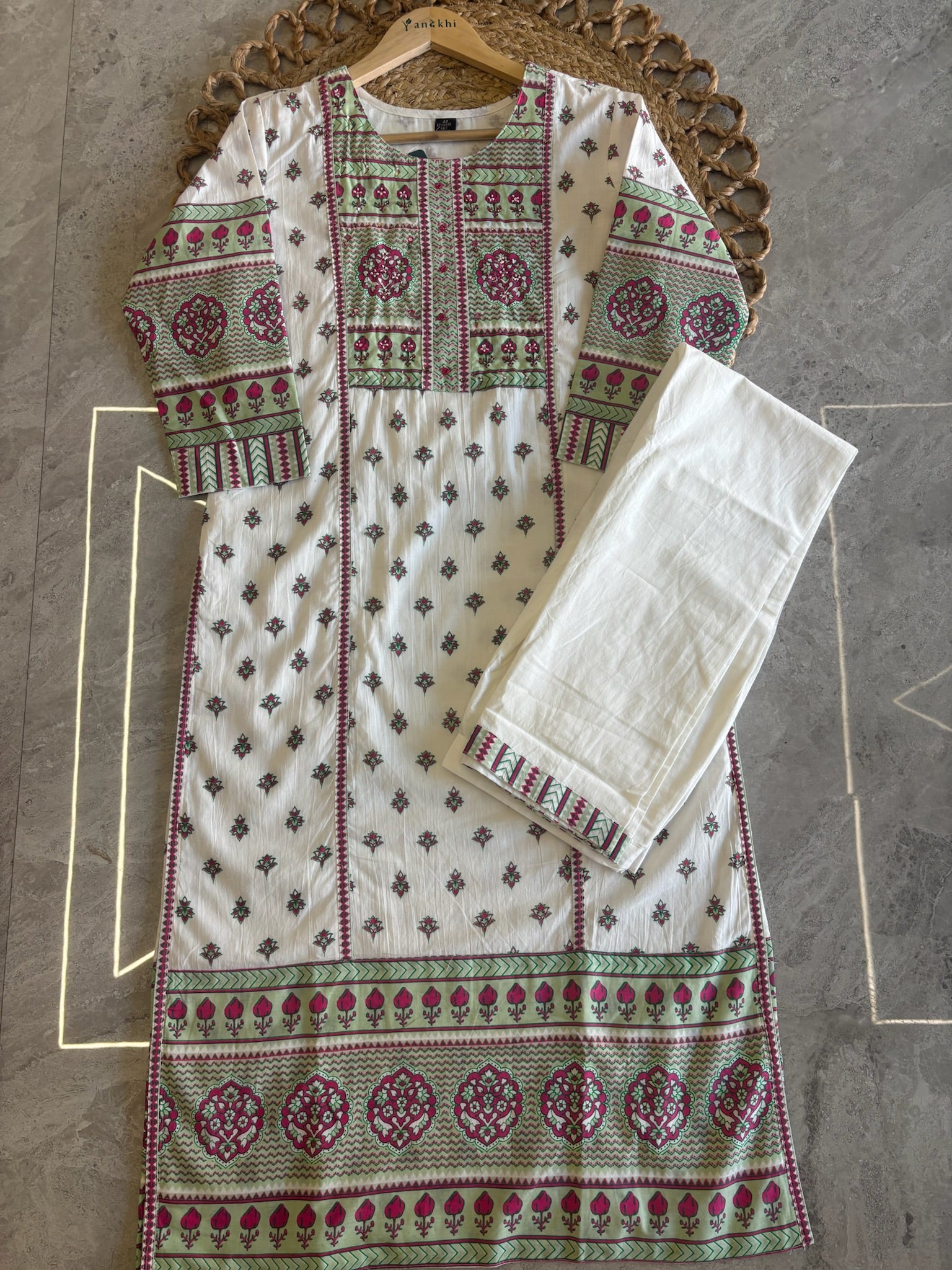 A3896 - Pure Cotton Suit Set with Floral Block Print & Mul Mul Dupatta