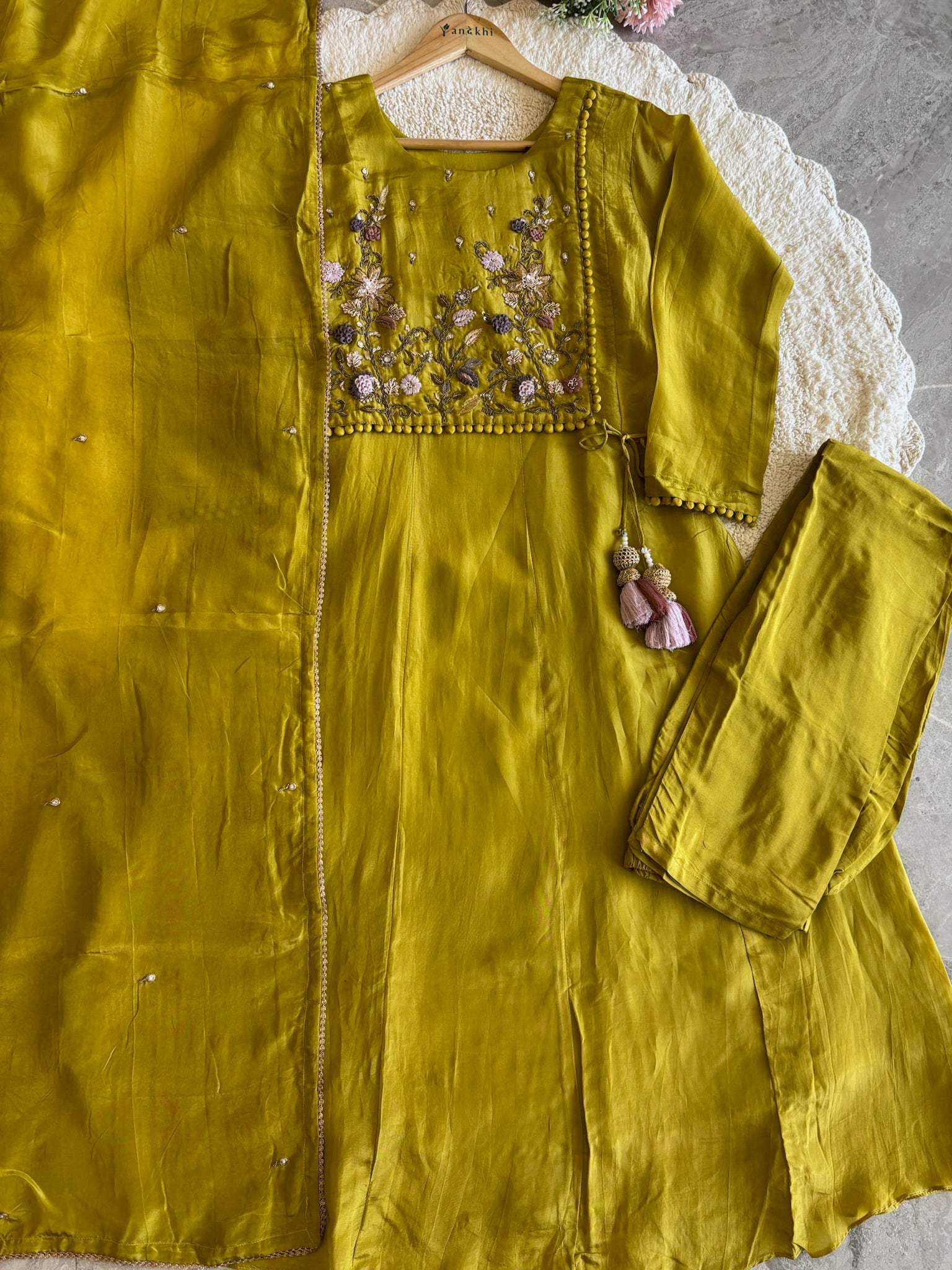 A2642- HO Silk A-Line Suit featuring an Overlap Jacket-Style Hand Embroidered Heavy, Paired with Pants & a Dupatta.