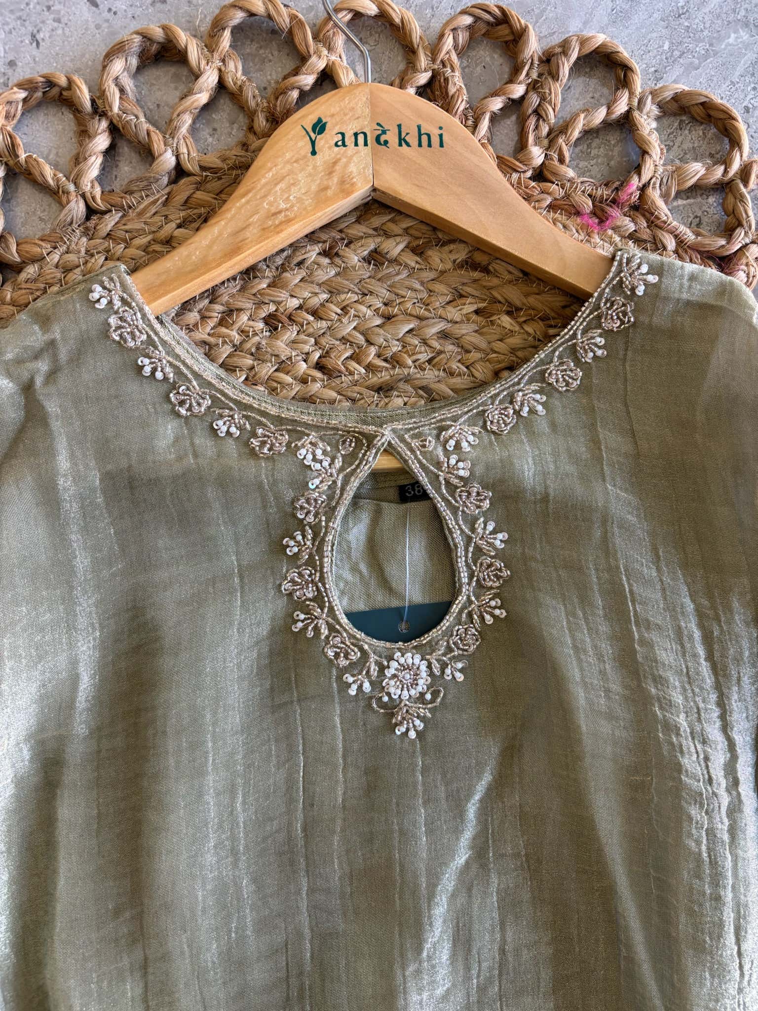 A4140 - Crush Glass Tissue  Handwork Short Kurti with Divider Pants & Dupatta.