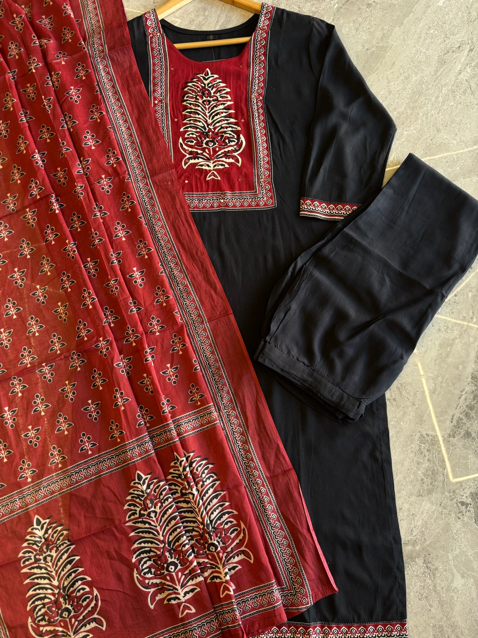 A4011 - Rayon Suit with Contrast Patch Yoke and Printed Dupatta.