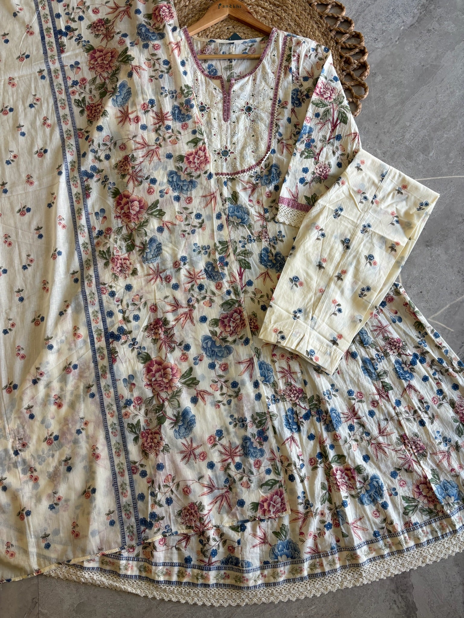 A4012 - Pure Cotton Anarkali with minimal Neckline detailing, Pants and Dupatta.