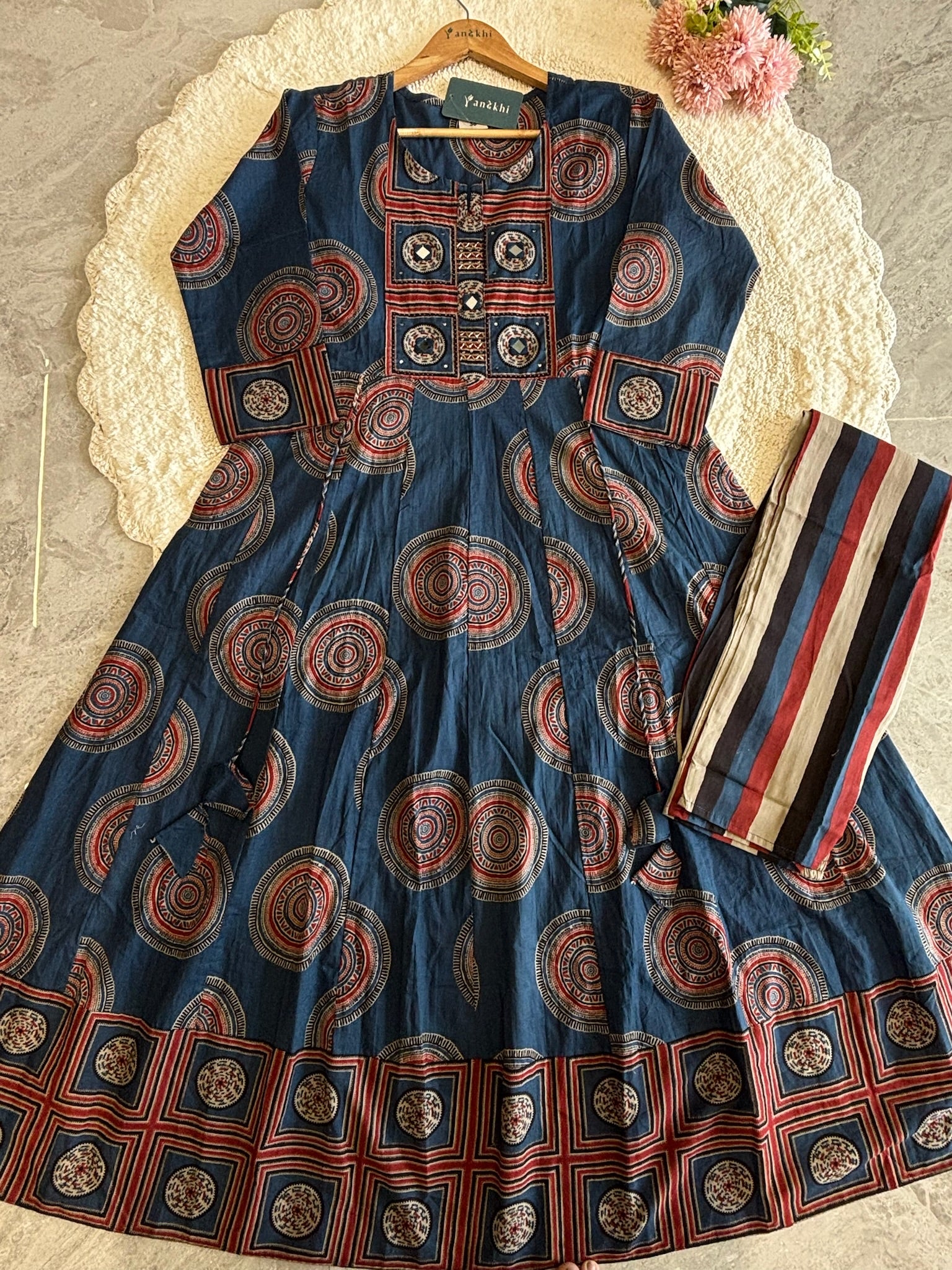 A4005- Pure Cotton Anarkali Suit Featuring an Embellished Designer Yoke, coordinated Striped Pants, & Printed Dupatta.