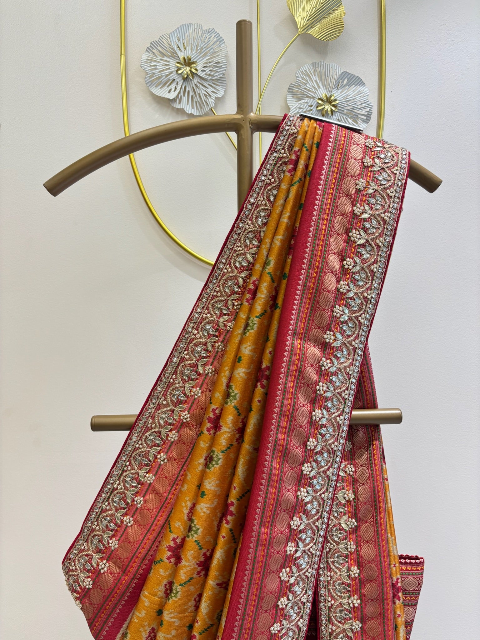 A4072- Patola Print Saree with Gota Handwork Border in Silk Fabric.