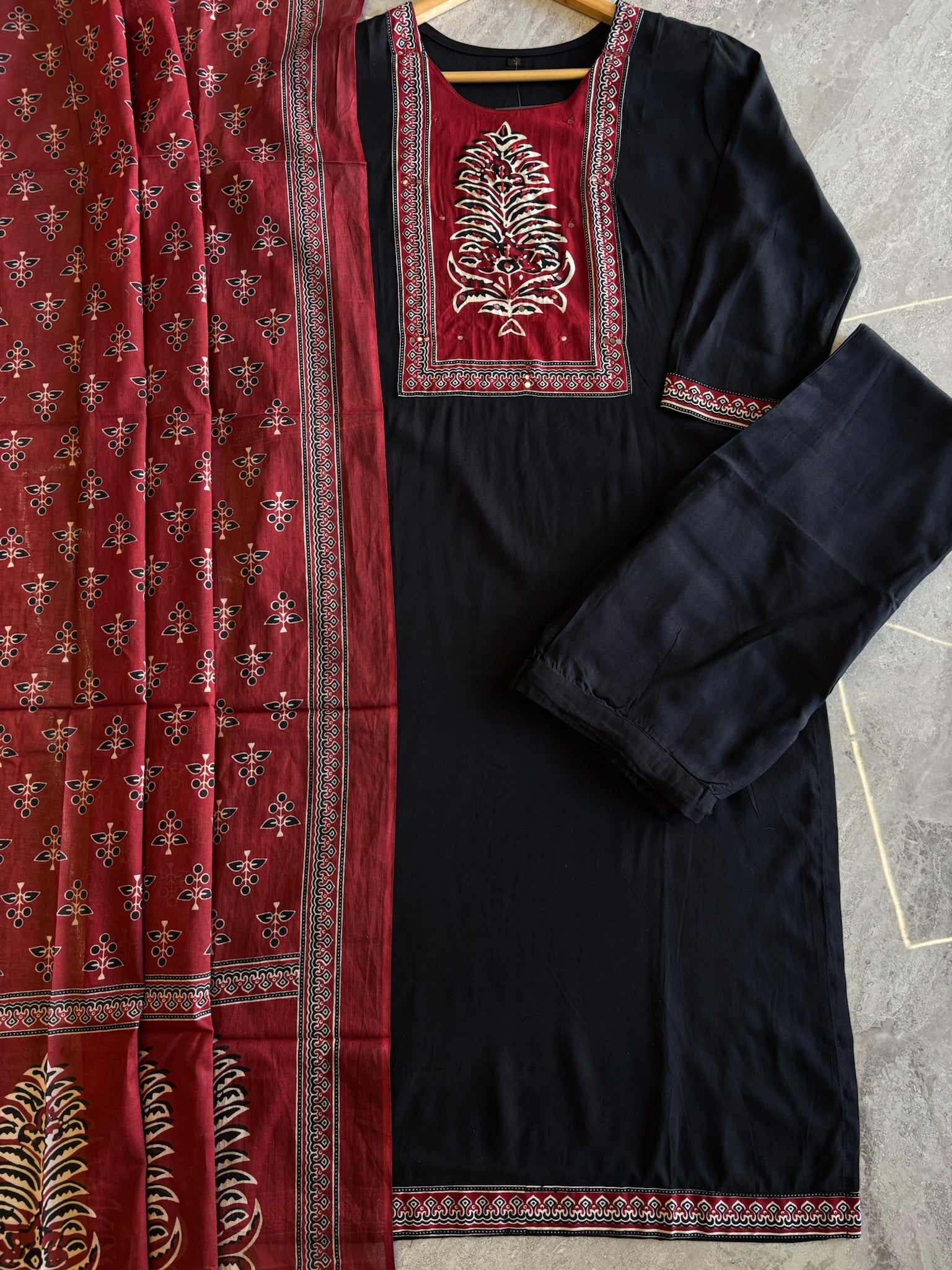 A4011 - Rayon Suit with Contrast Patch Yoke and Printed Dupatta.