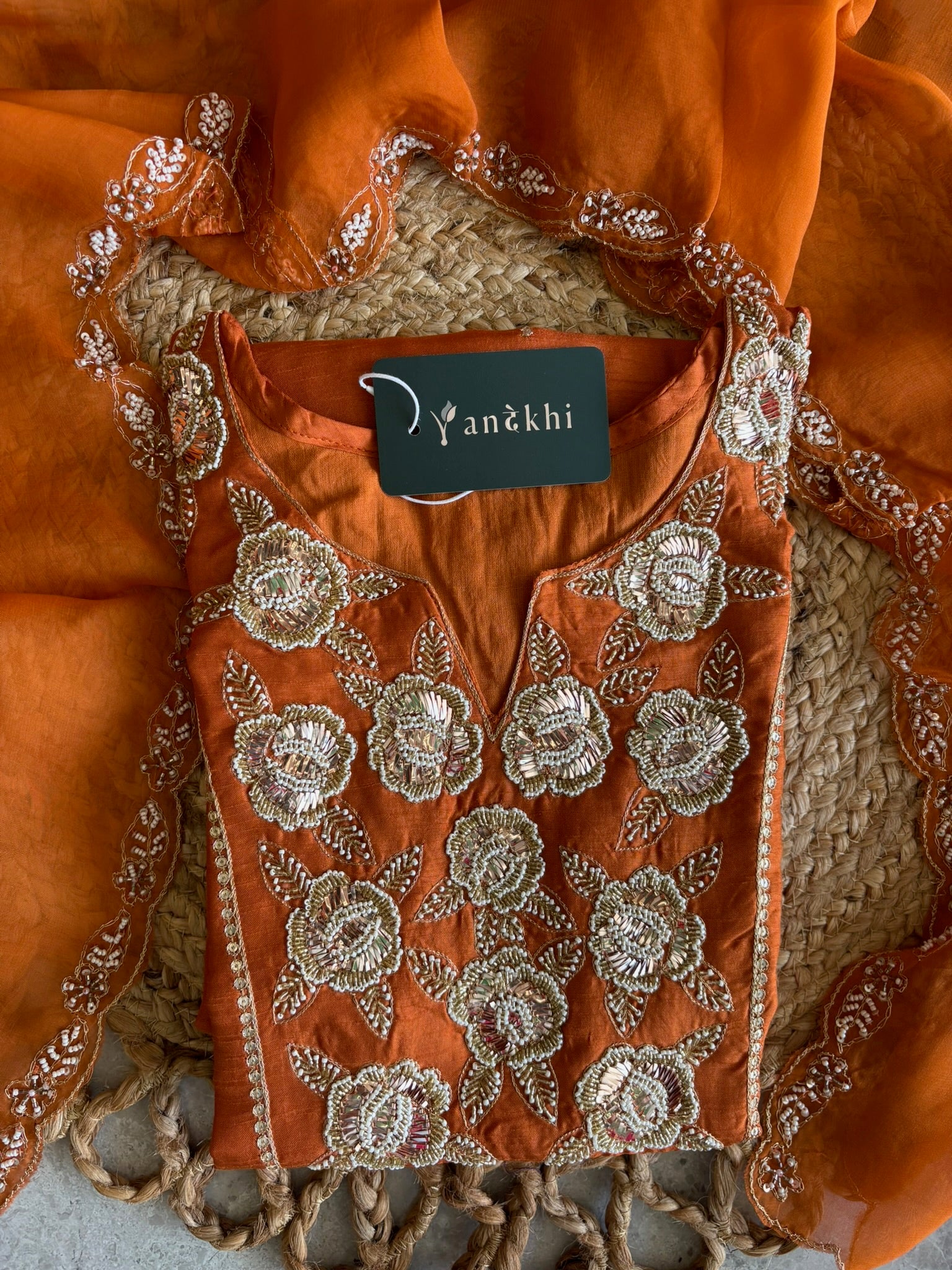 A1557 - Pure Dola Silk Kurti with Intricate 3D Handwork Zardosi detailing, paired with Pants & Organza Dupatta