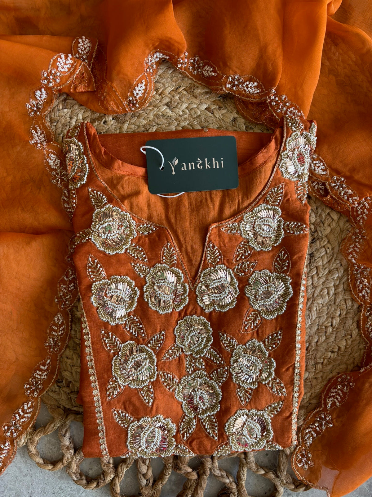 A1557 - Pure Dola Silk Kurti with Intricate 3D Handwork Zardosi detailing, paired with Pants & Organza Dupatta