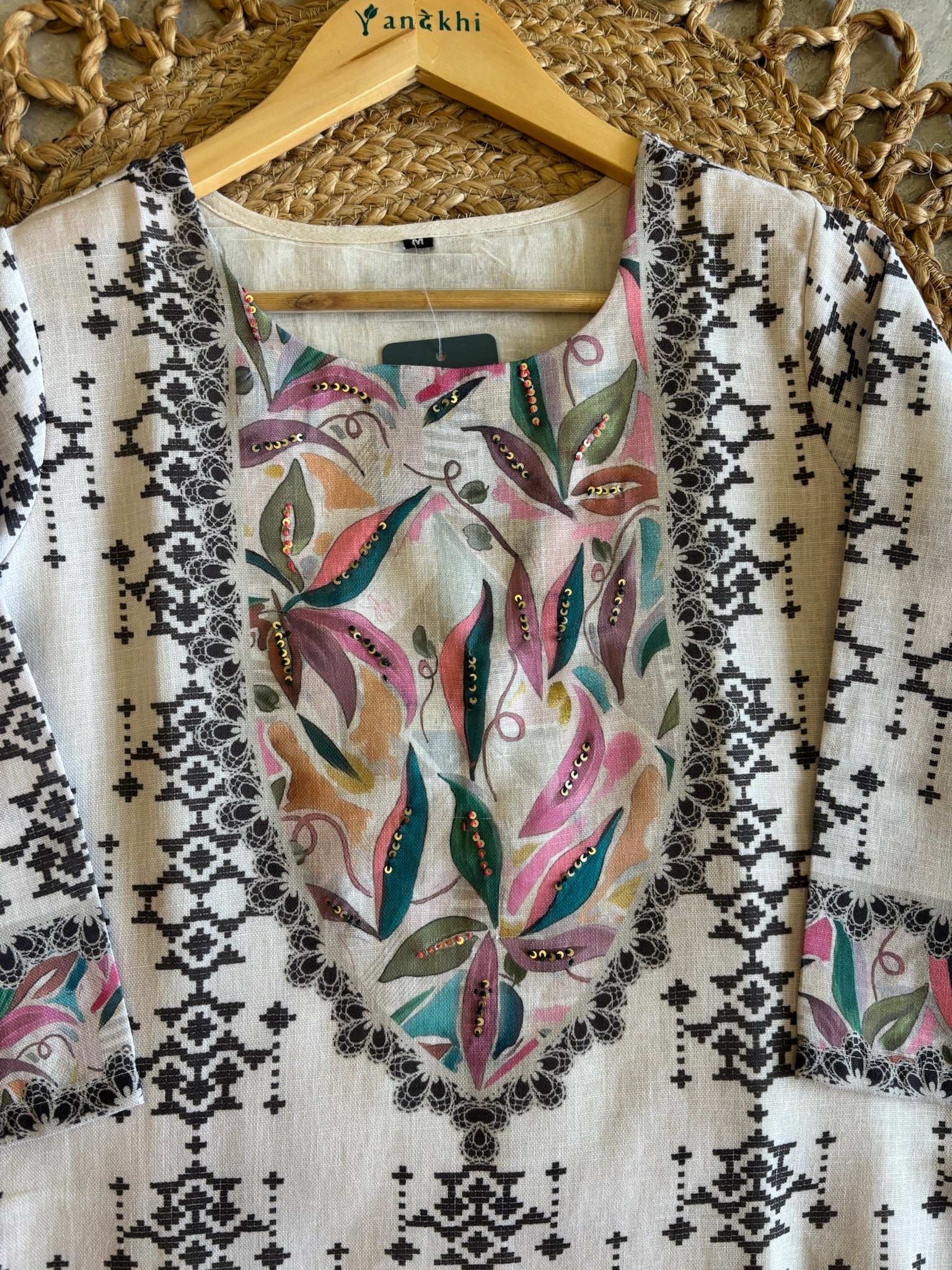 A4046- Linen Suit featuring Bold Black Geometric Prints & details, with Pants & a Printed Dupatta.