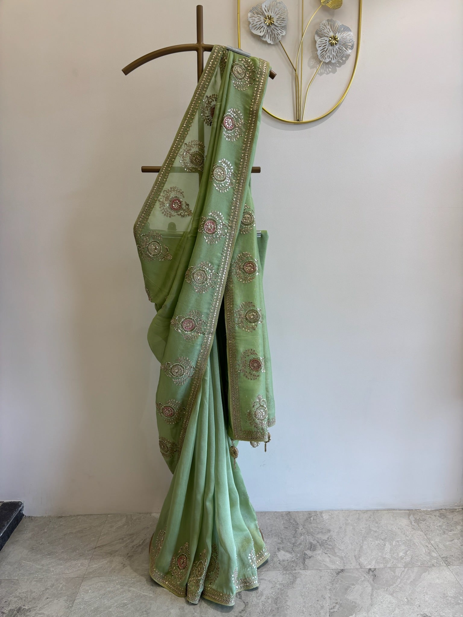 A1079 - A Pista-Green Saree with Gota, Zari, and Resham Work.