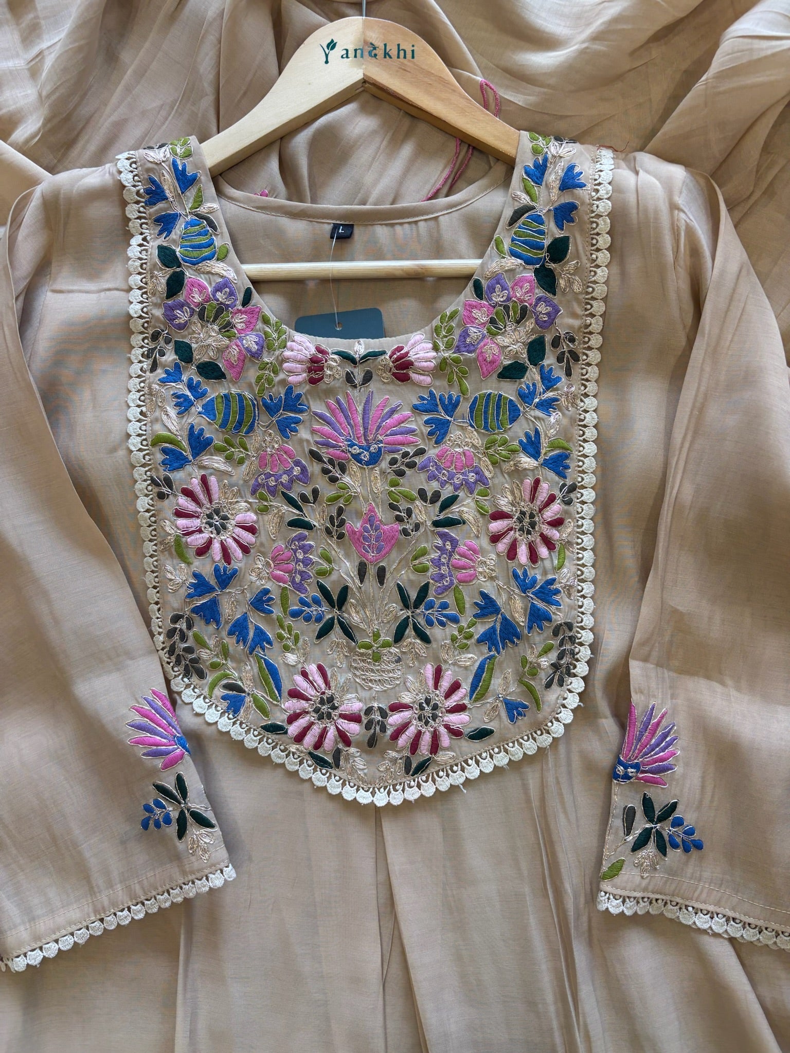 A1643 - Mul Chanderi Kurti, featuring Vibrant Embroidered yoke detailing, a flowy Dupatta & Pants.