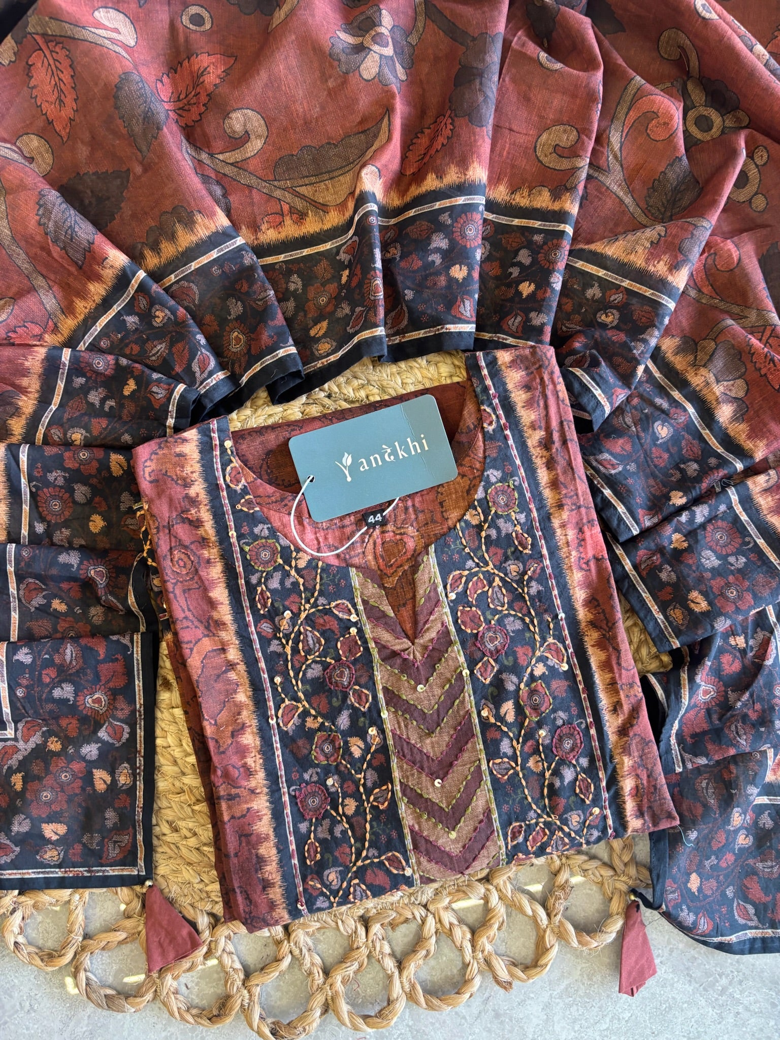 A1585 - Pure Cotton Kalamkari Kurti  with Pants & Dupatta